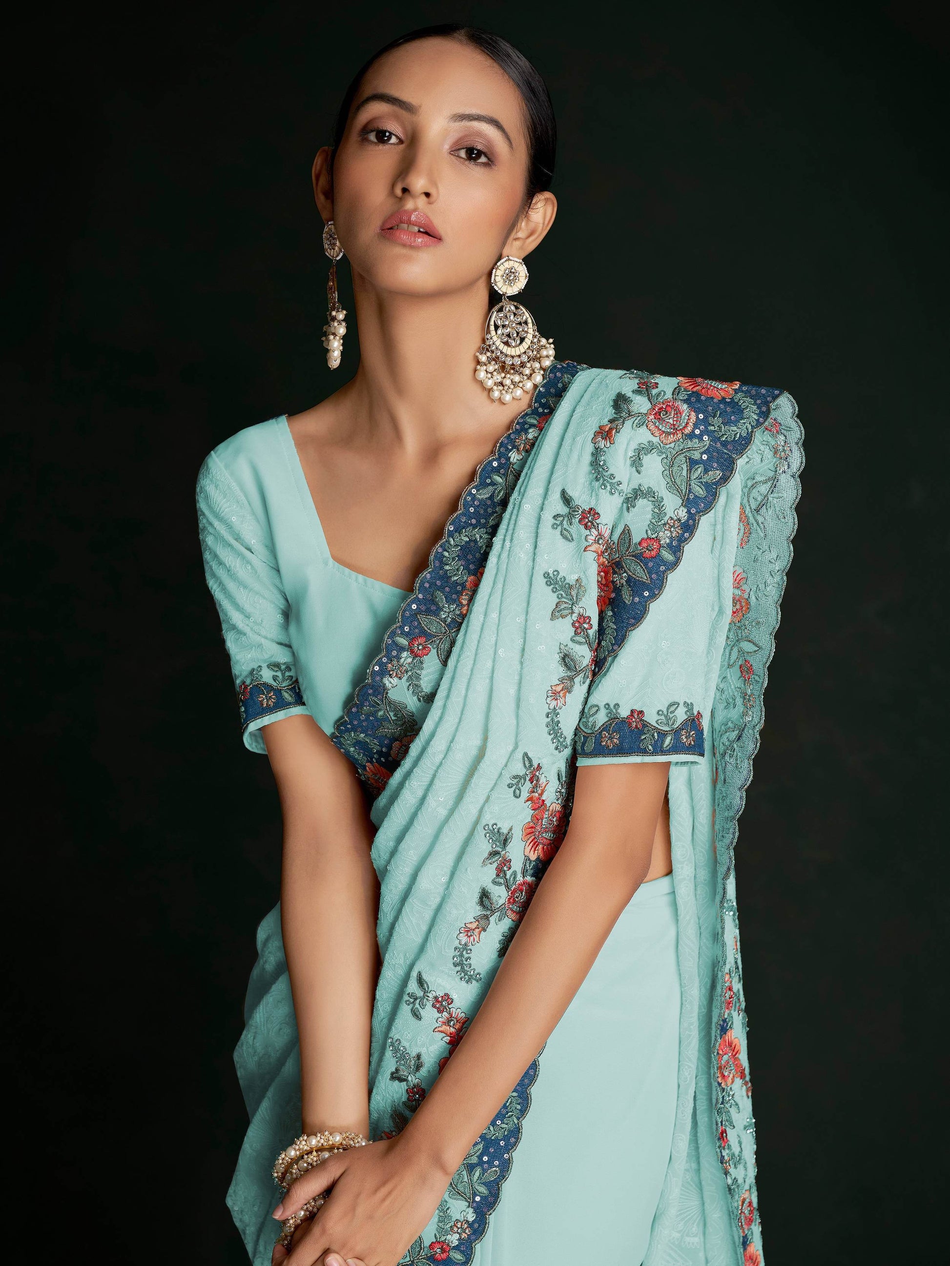Stunning Turquoise Lucknowi Work Georgette Saree With Blouse - Zeel Clothing