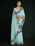 Stunning Turquoise Lucknowi Work Georgette Saree With Blouse - Zeel Clothing
