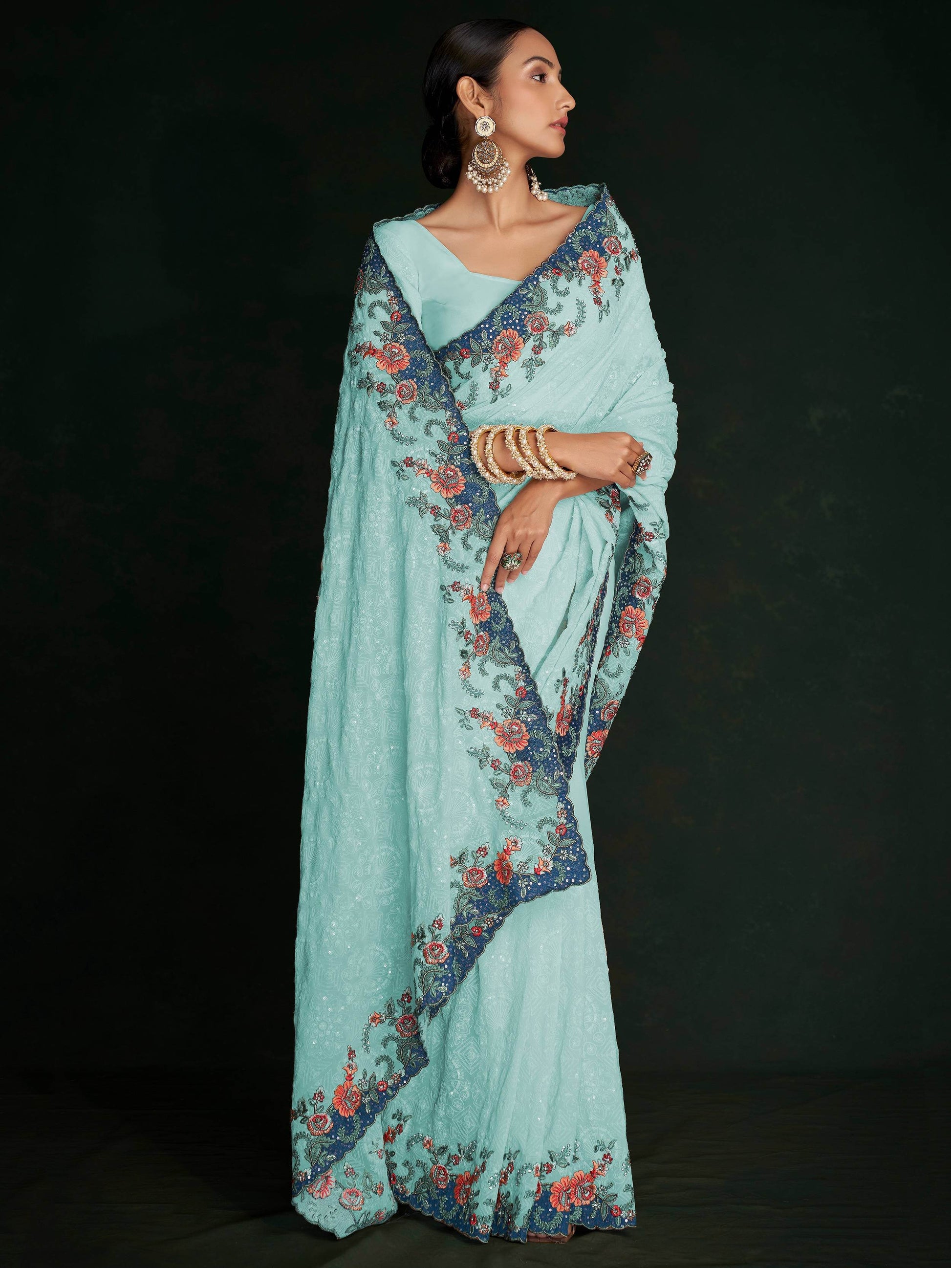 Stunning Turquoise Lucknowi Work Georgette Saree With Blouse - Zeel Clothing