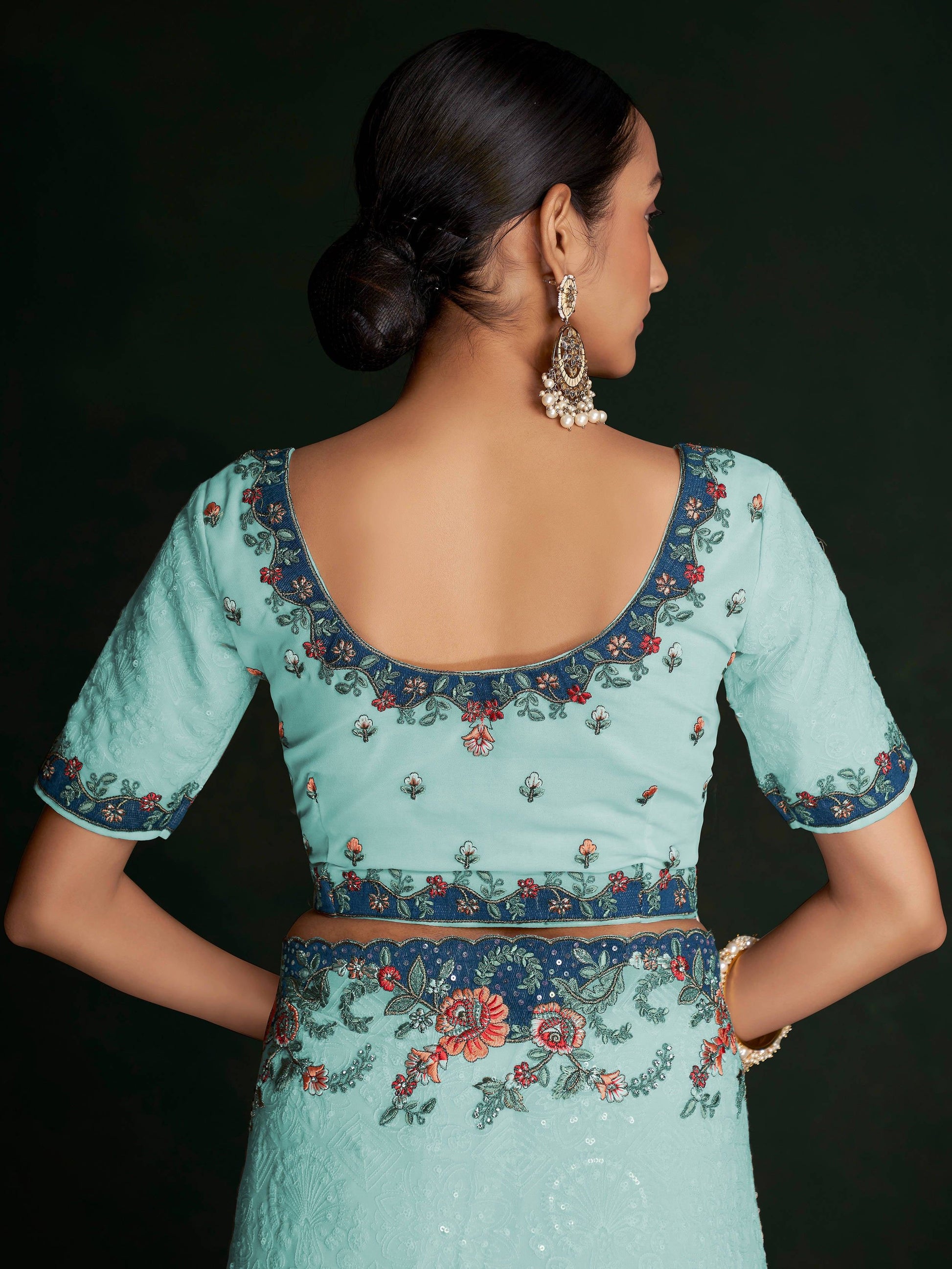 Stunning Turquoise Lucknowi Work Georgette Saree With Blouse - Zeel Clothing