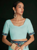 Stunning Turquoise Lucknowi Work Georgette Saree With Blouse - Zeel Clothing