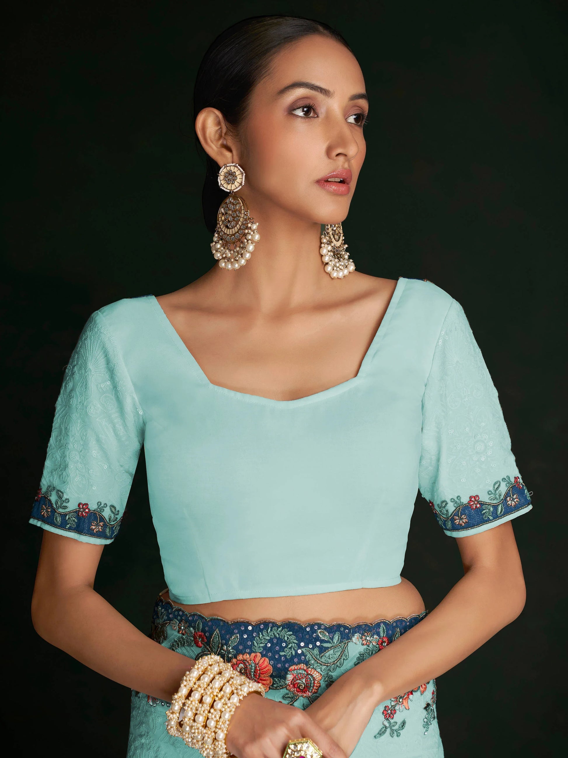 Stunning Turquoise Lucknowi Work Georgette Saree With Blouse - Zeel Clothing