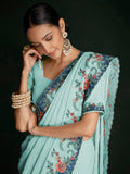 Stunning Turquoise Lucknowi Work Georgette Saree With Blouse - Zeel Clothing