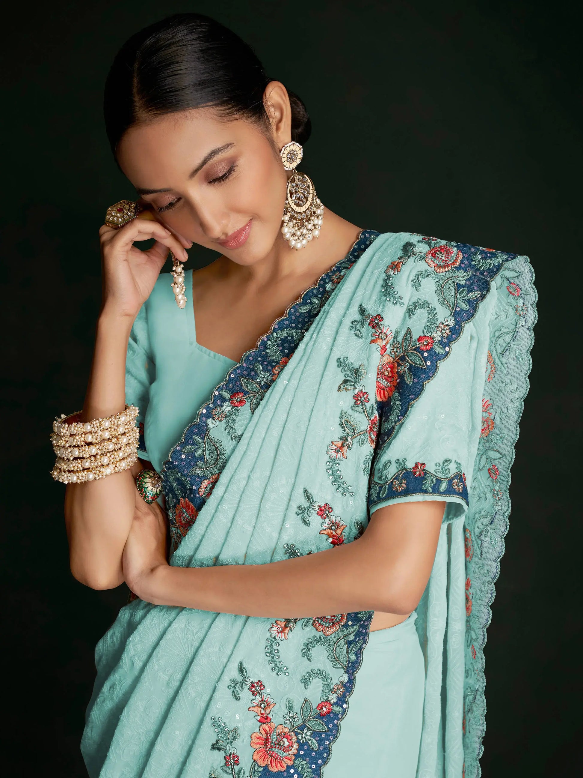 Stunning Turquoise Lucknowi Work Georgette Saree With Blouse - Zeel Clothing