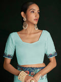 Stunning Turquoise Lucknowi Work Georgette Saree With Blouse - Zeel Clothing