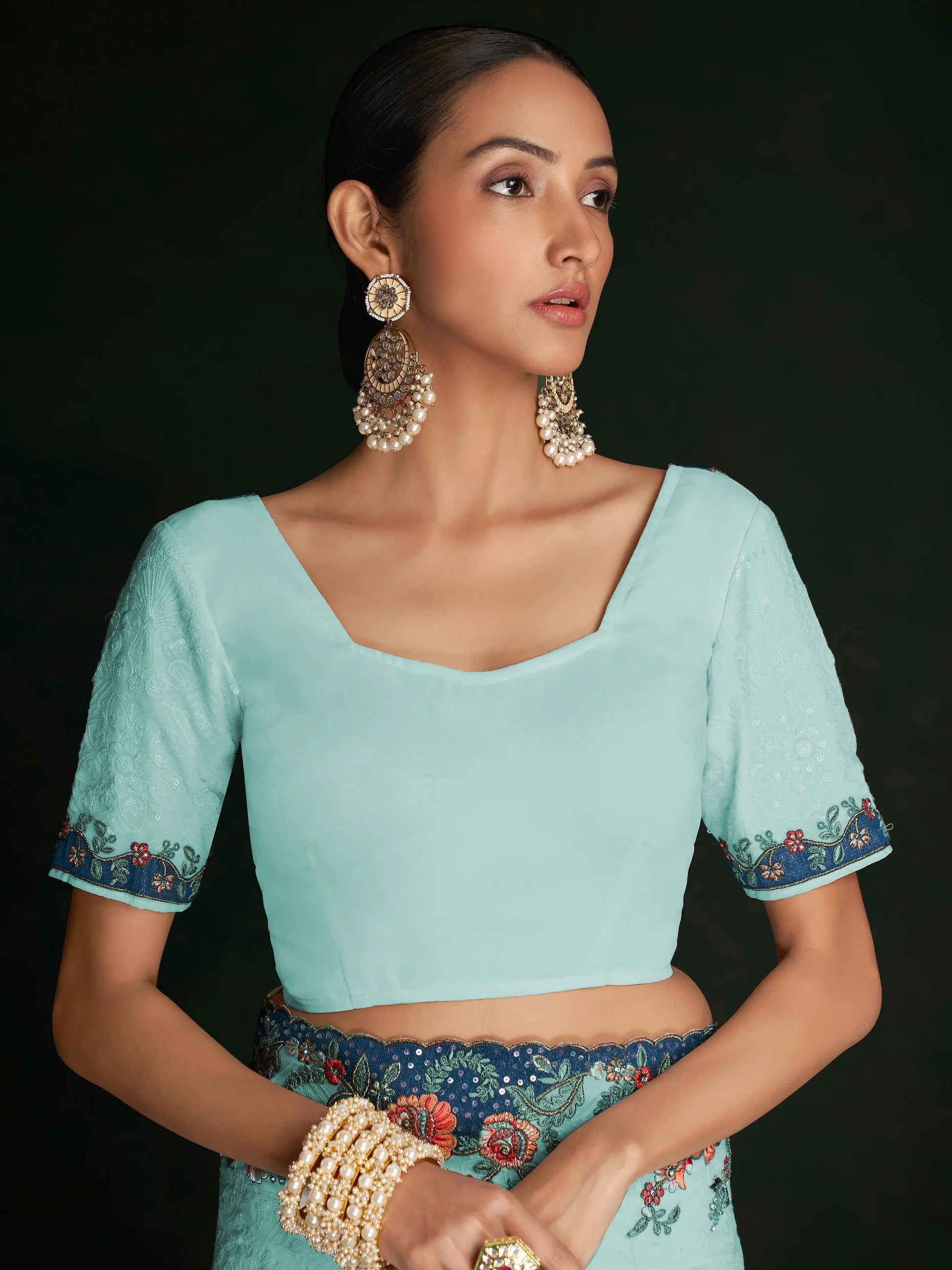 Stunning Turquoise Lucknowi Work Georgette Saree With Blouse - Zeel Clothing