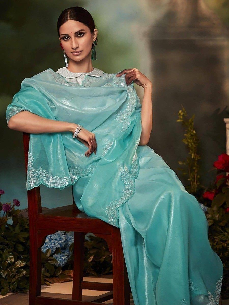 Stunning Turquoise Woven Silk Festival Wear Saree With Blouse - Zeel Clothing