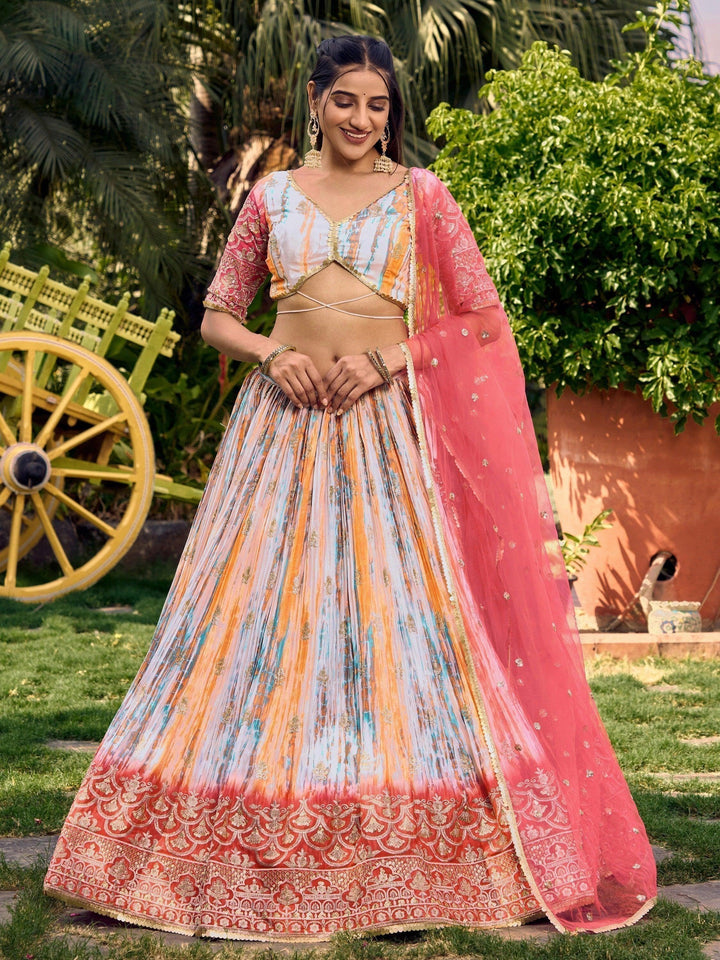 Stunning White & Pink Digital Printed Chinon Festive Wear Lehenga Choli