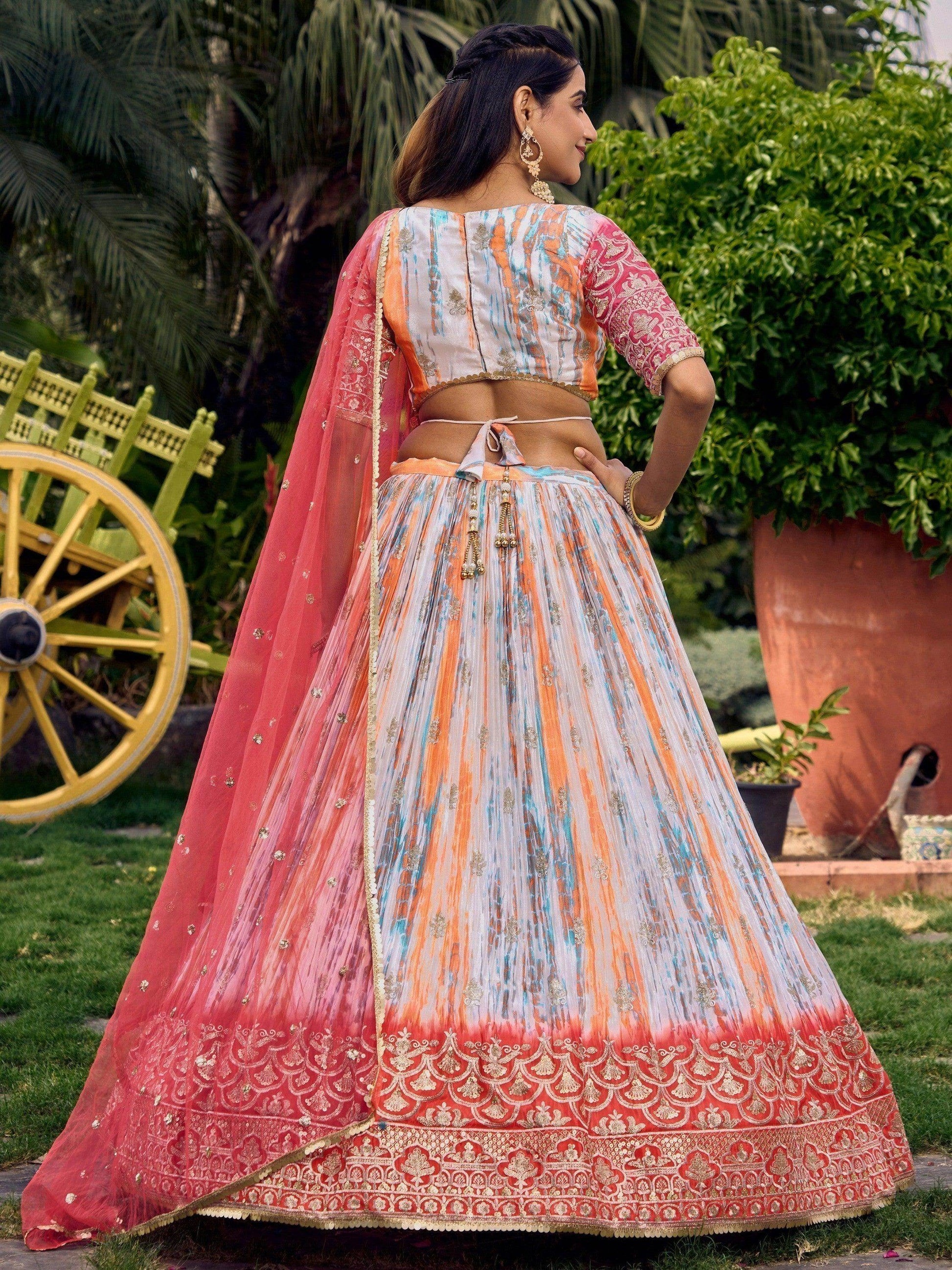 Stunning White & Pink Digital Printed Chinon Festive Wear Lehenga Choli - Zeel Clothing