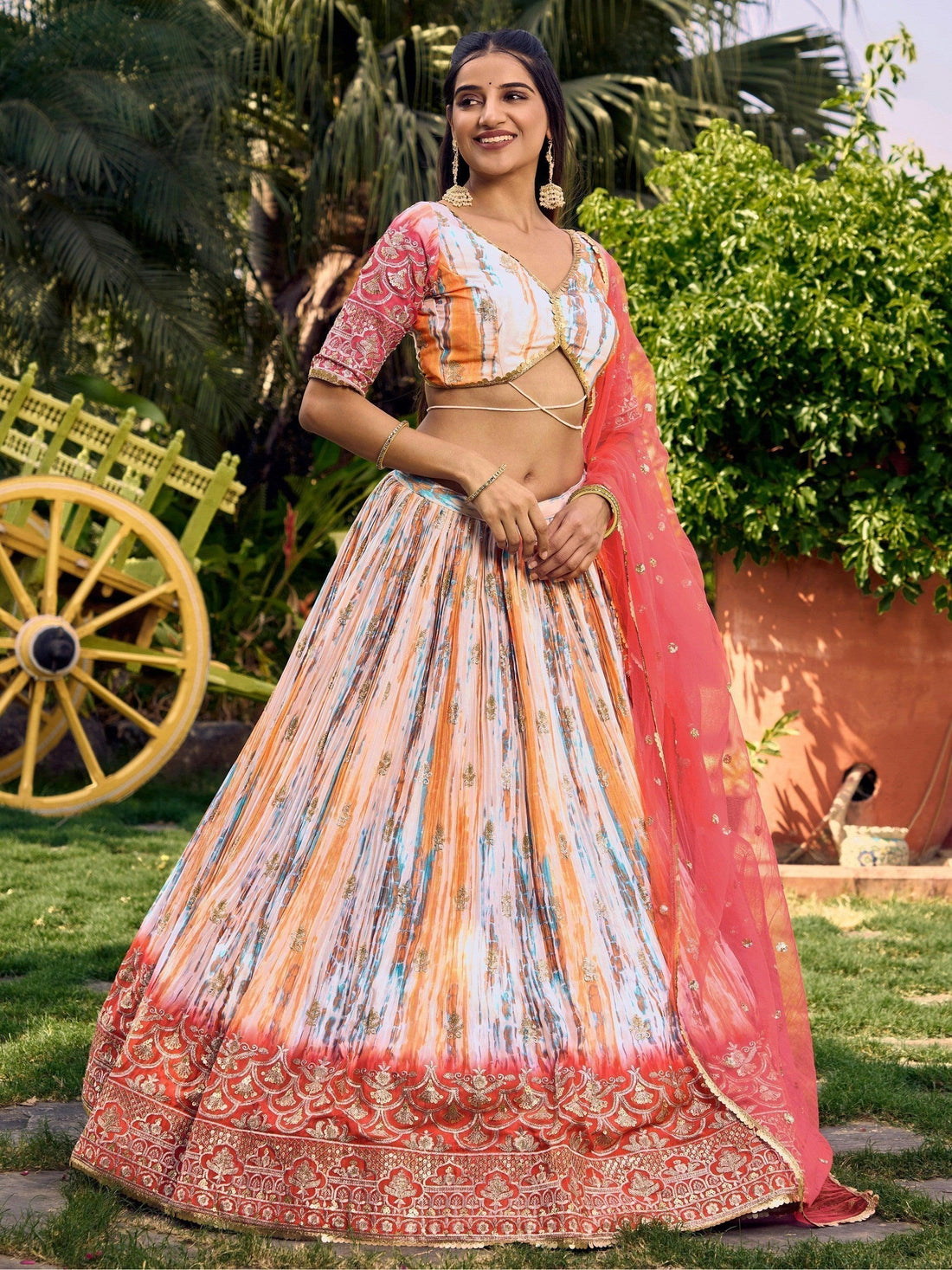 Stunning White & Pink Digital Printed Chinon Festive Wear Lehenga Choli