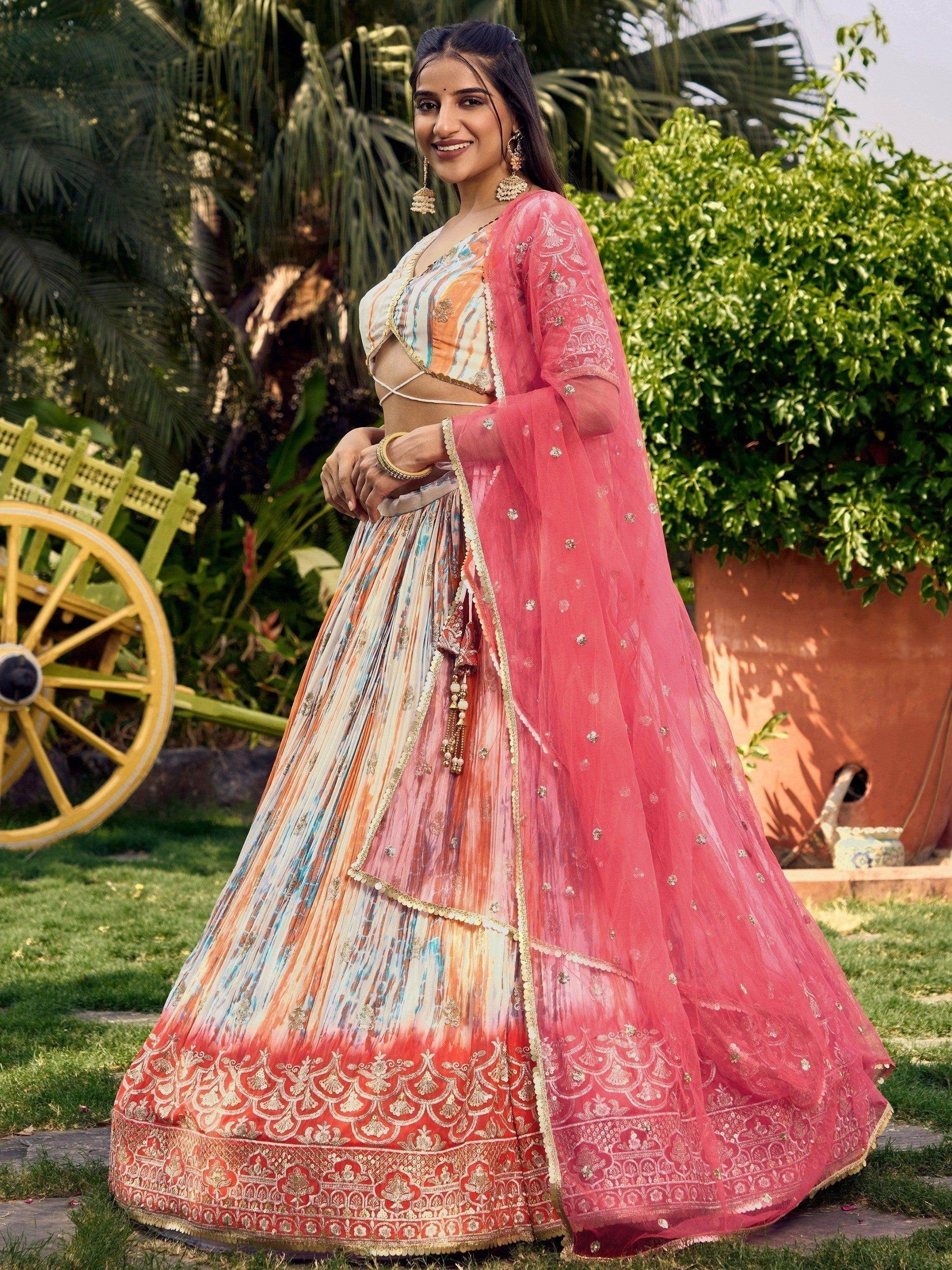 Stunning White & Pink Digital Printed Chinon Festive Wear Lehenga Choli - Zeel Clothing