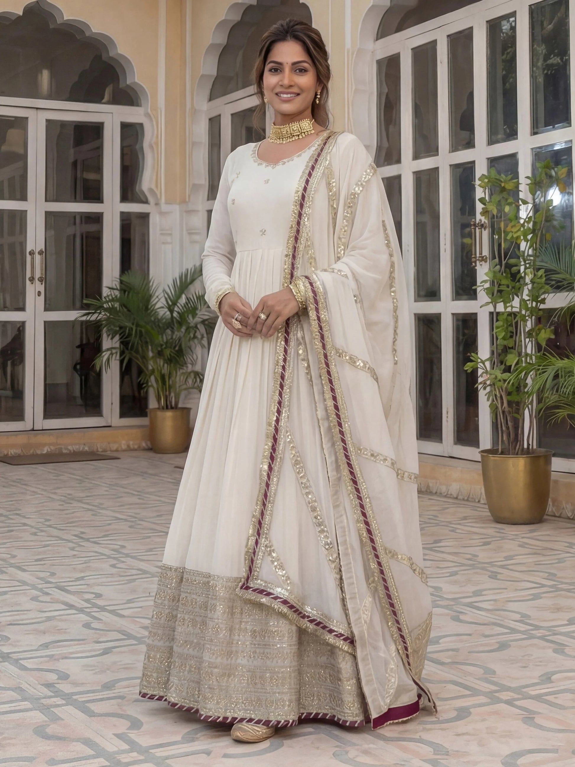 Stunning White Coding Work Chinon Silk Engagement Wear Gown With Dupatta