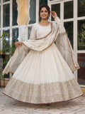 Stunning White Coding Work Chinon Silk Engagement Wear Gown With Dupatta