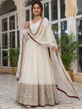 Stunning White Coding Work Chinon Silk Engagement Wear Gown With Dupatta