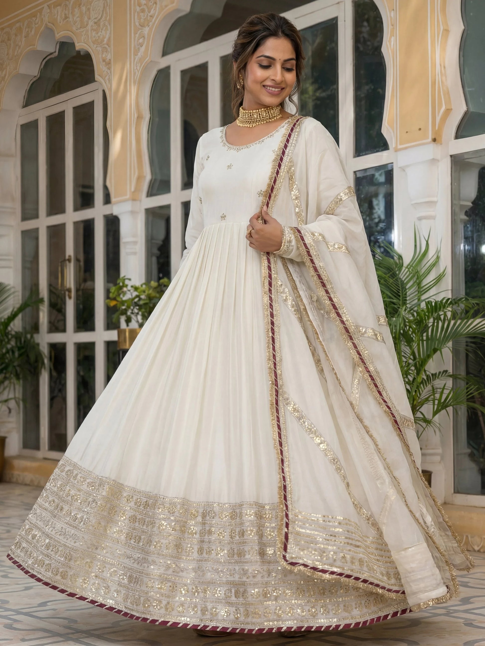 Stunning White Coding Work Chinon Silk Engagement Wear Gown With Dupatta