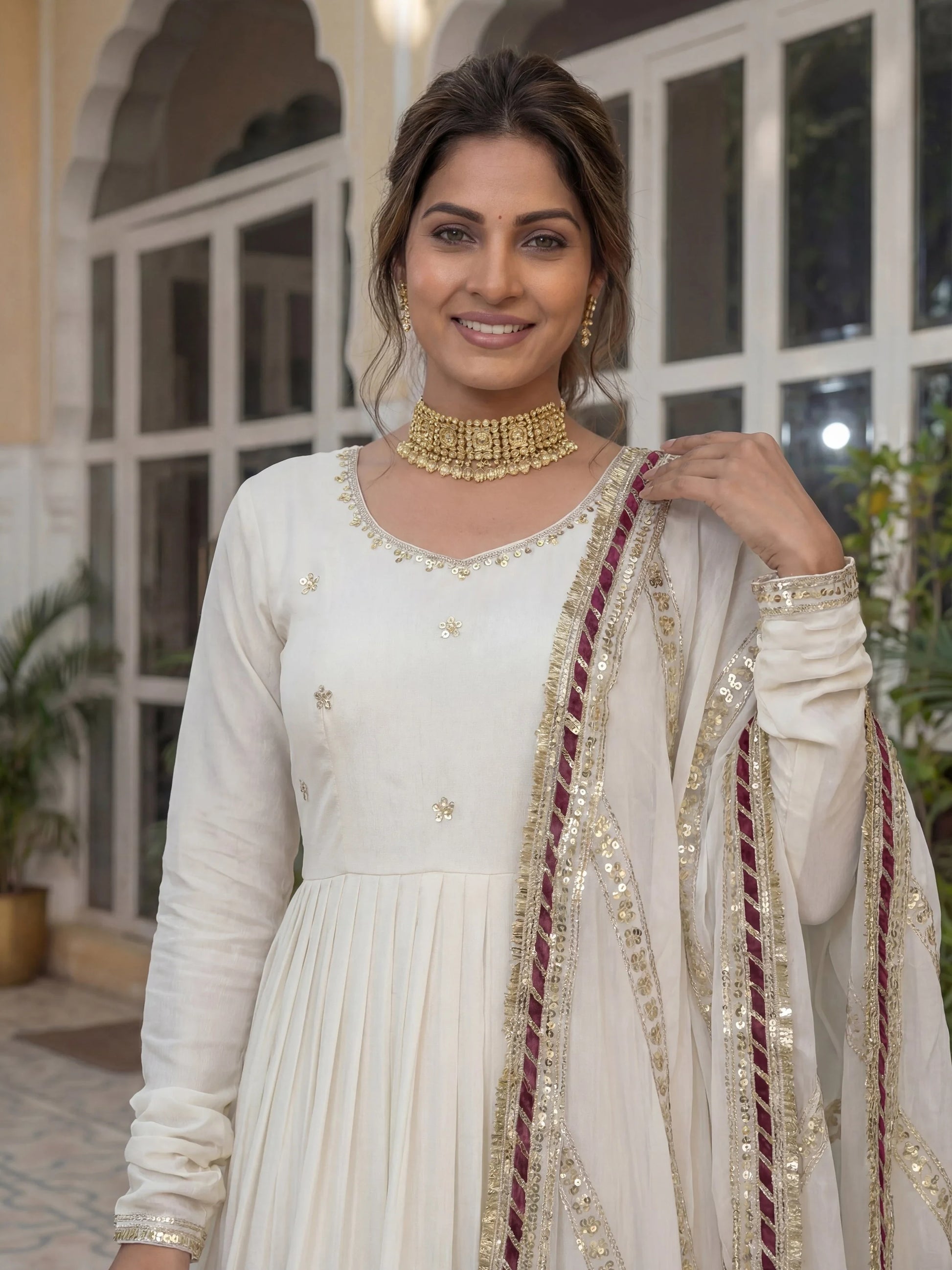 Stunning White Coding Work Chinon Silk Engagement Wear Gown With Dupatta