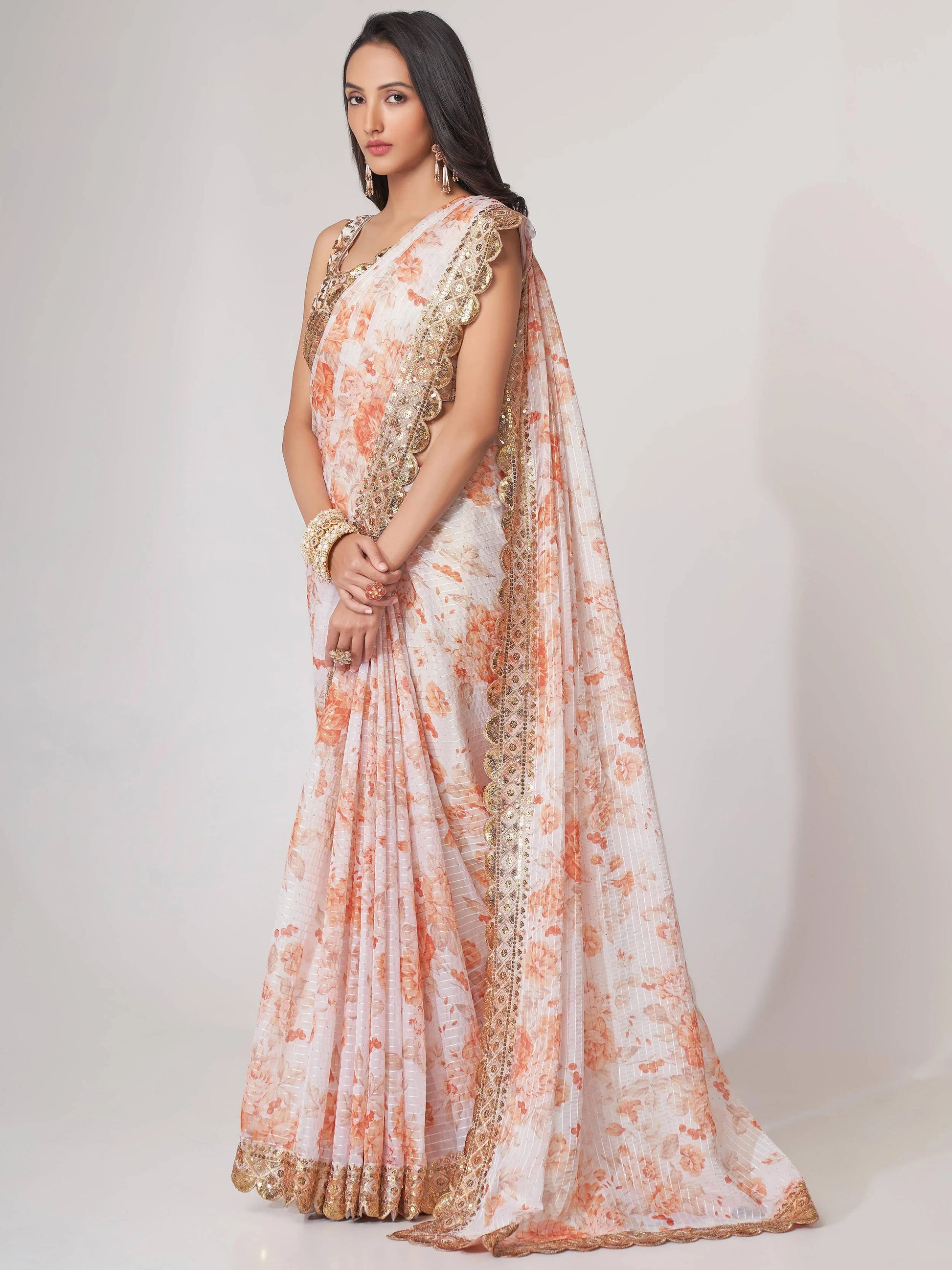 Stunning White Floral Print Organza Party Wear Saree With Blouse - Zeel Clothing
