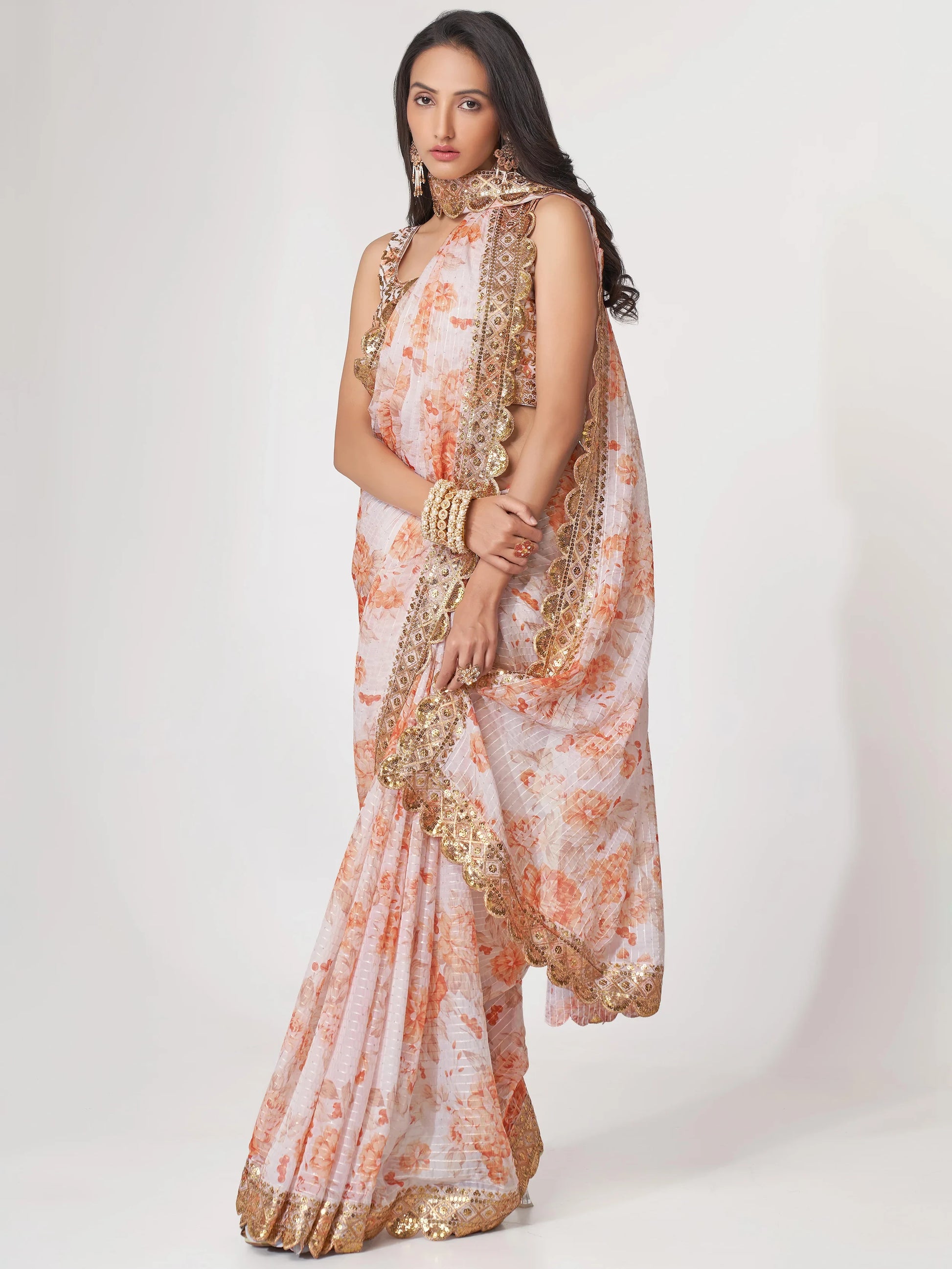 Stunning White Floral Print Organza Party Wear Saree With Blouse - Zeel Clothing