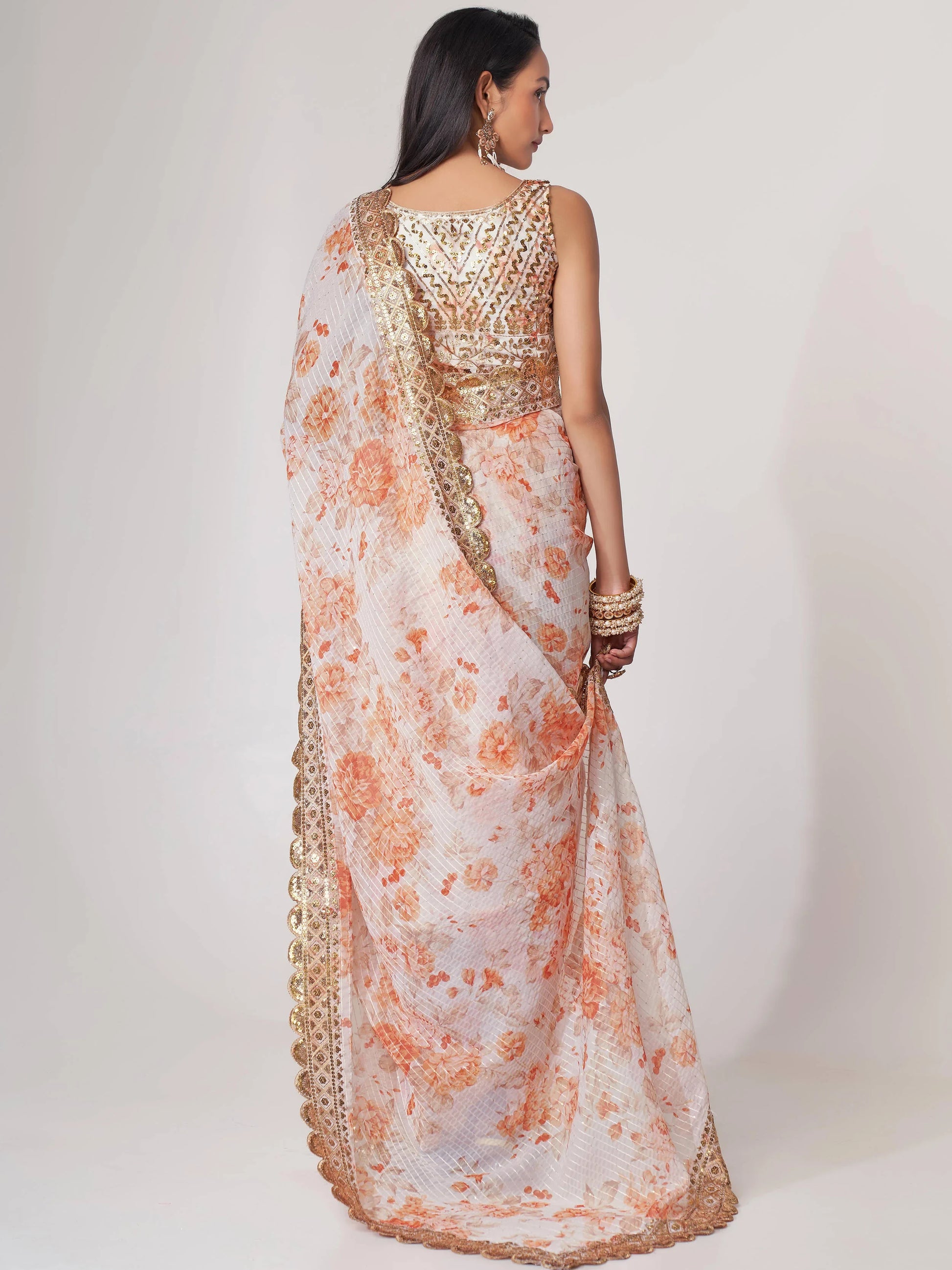 Stunning White Floral Print Organza Party Wear Saree With Blouse - Zeel Clothing