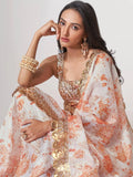 Stunning White Floral Print Organza Party Wear Saree With Blouse - Zeel Clothing