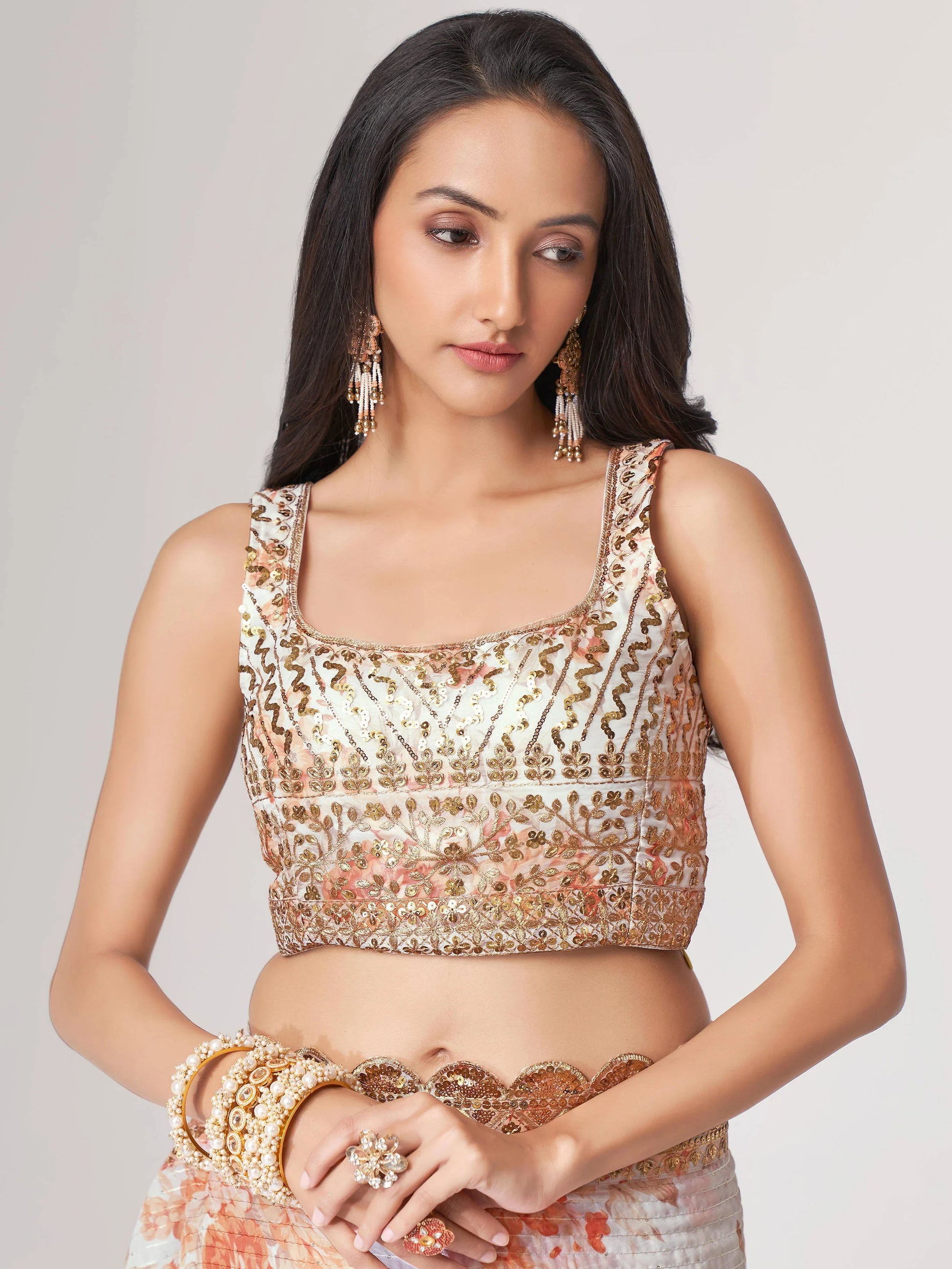 Stunning White Floral Print Organza Party Wear Saree With Blouse - Zeel Clothing