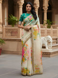 Stunning White Floral Printed Organza Festive Wear Saree With Blouse