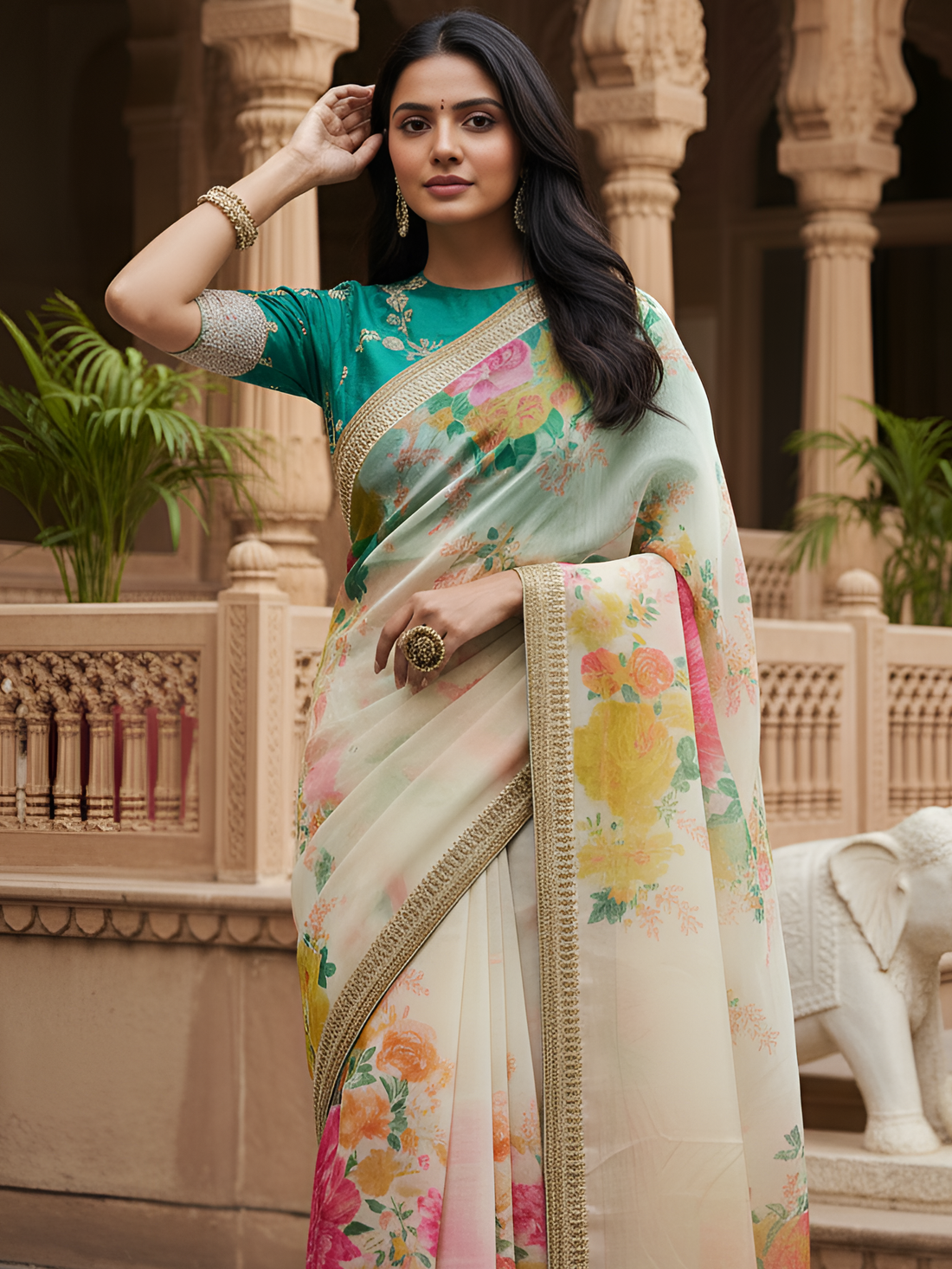 Stunning White Floral Printed Organza Festive Wear Saree With Blouse