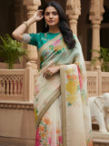 Stunning White Floral Printed Organza Festive Wear Saree With Blouse