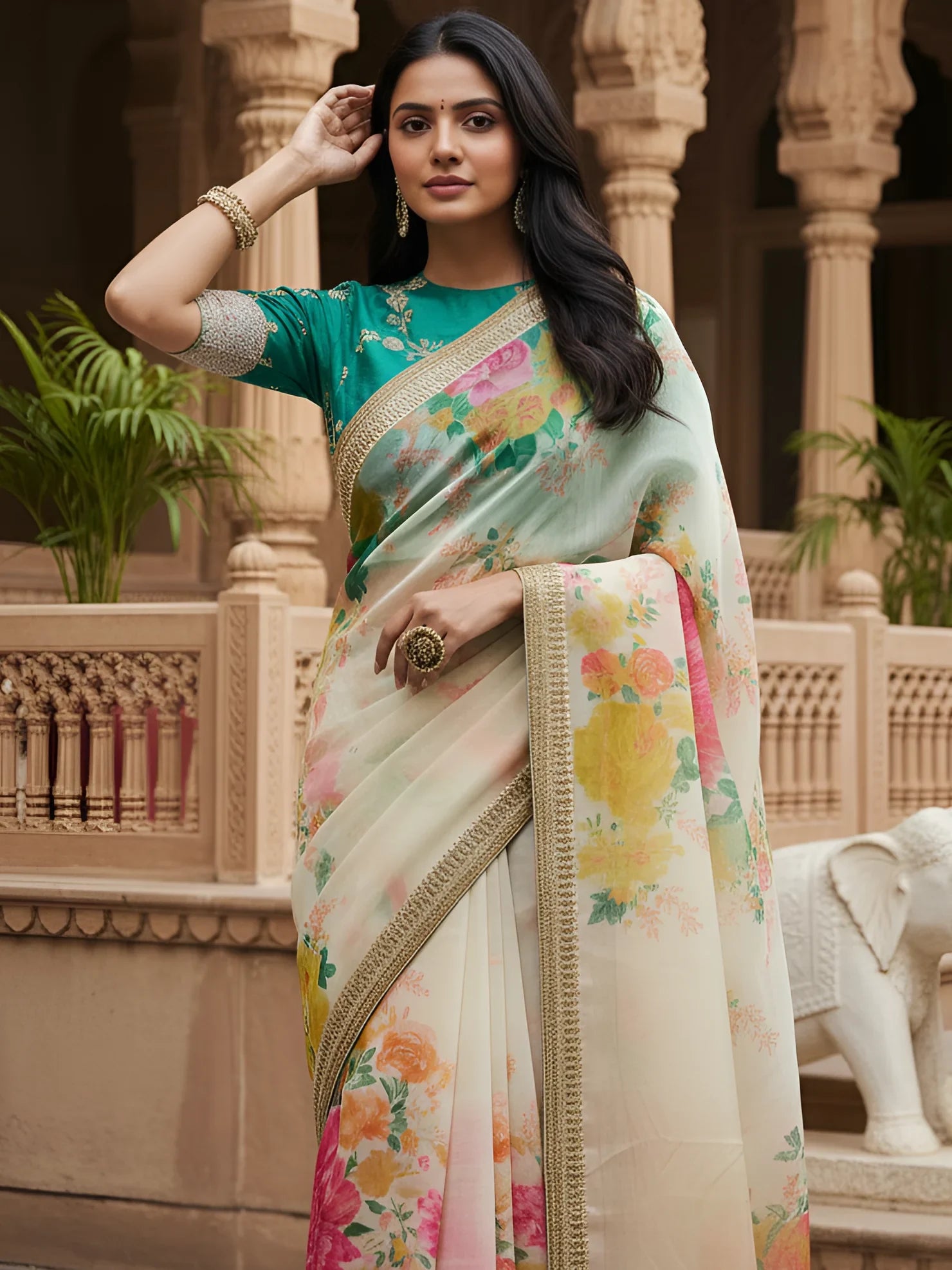 Stunning White Floral Printed Organza Festive Wear Saree With Blouse