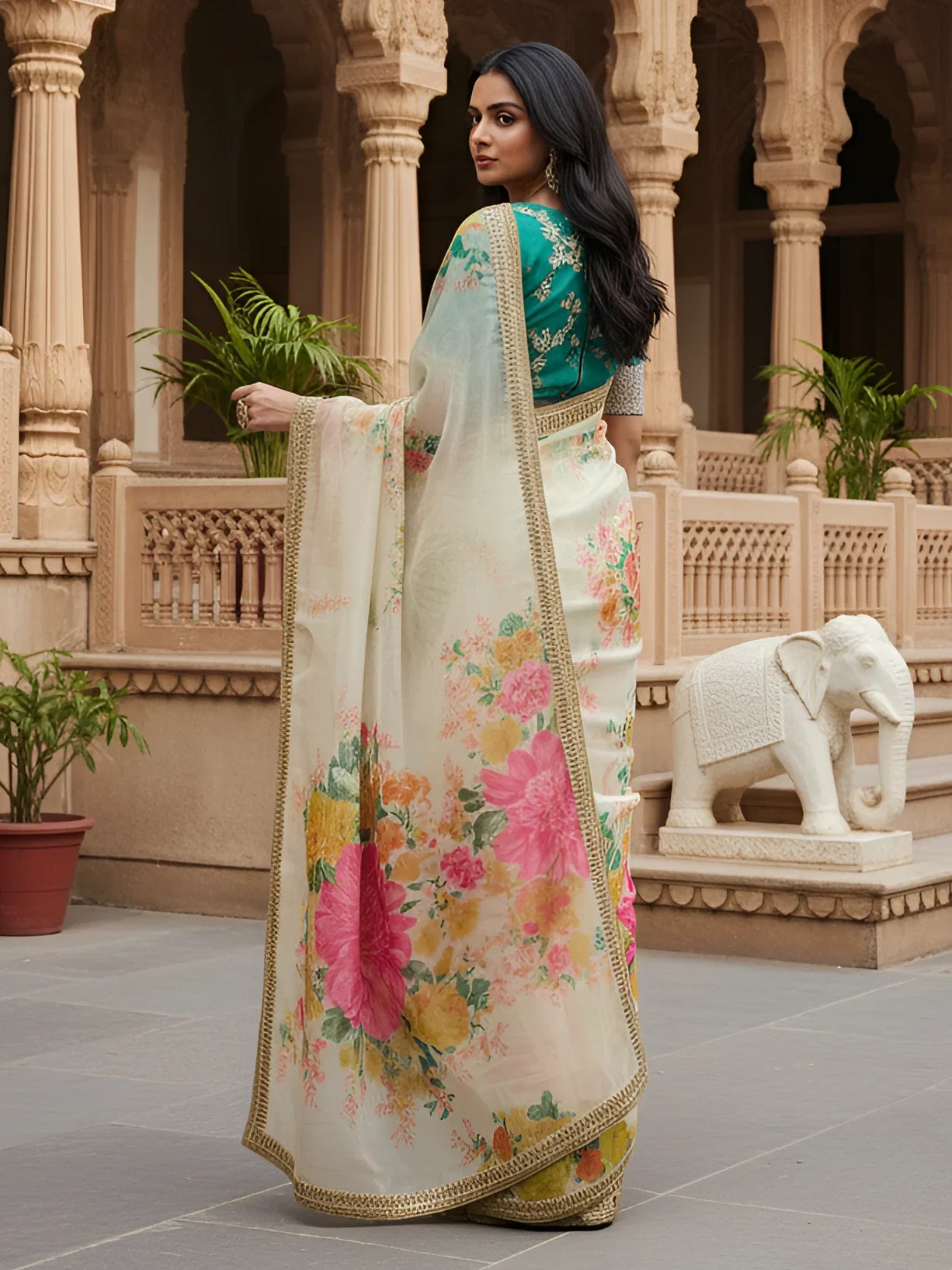Stunning White Floral Printed Organza Festive Wear Saree With Blouse