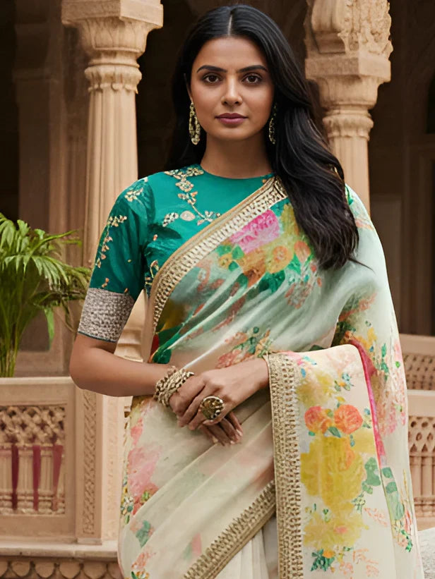 Stunning White Floral Printed Organza Festive Wear Saree With Blouse