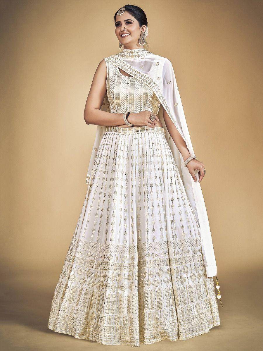 Stunning White Sequins Georgette Traditional Lehenga Choli With Blouse - Zeel Clothing