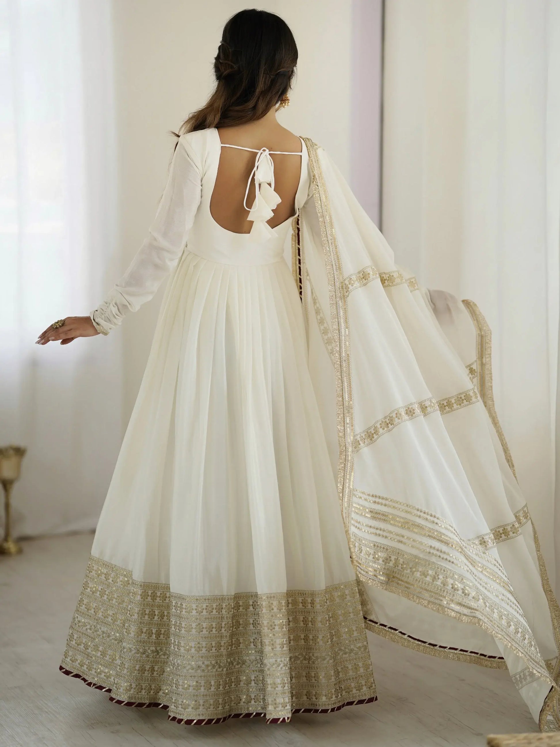 Stunning White Sequins Work Chinon Silk Festive Wear Anarkali Suit - Zeel Clothing