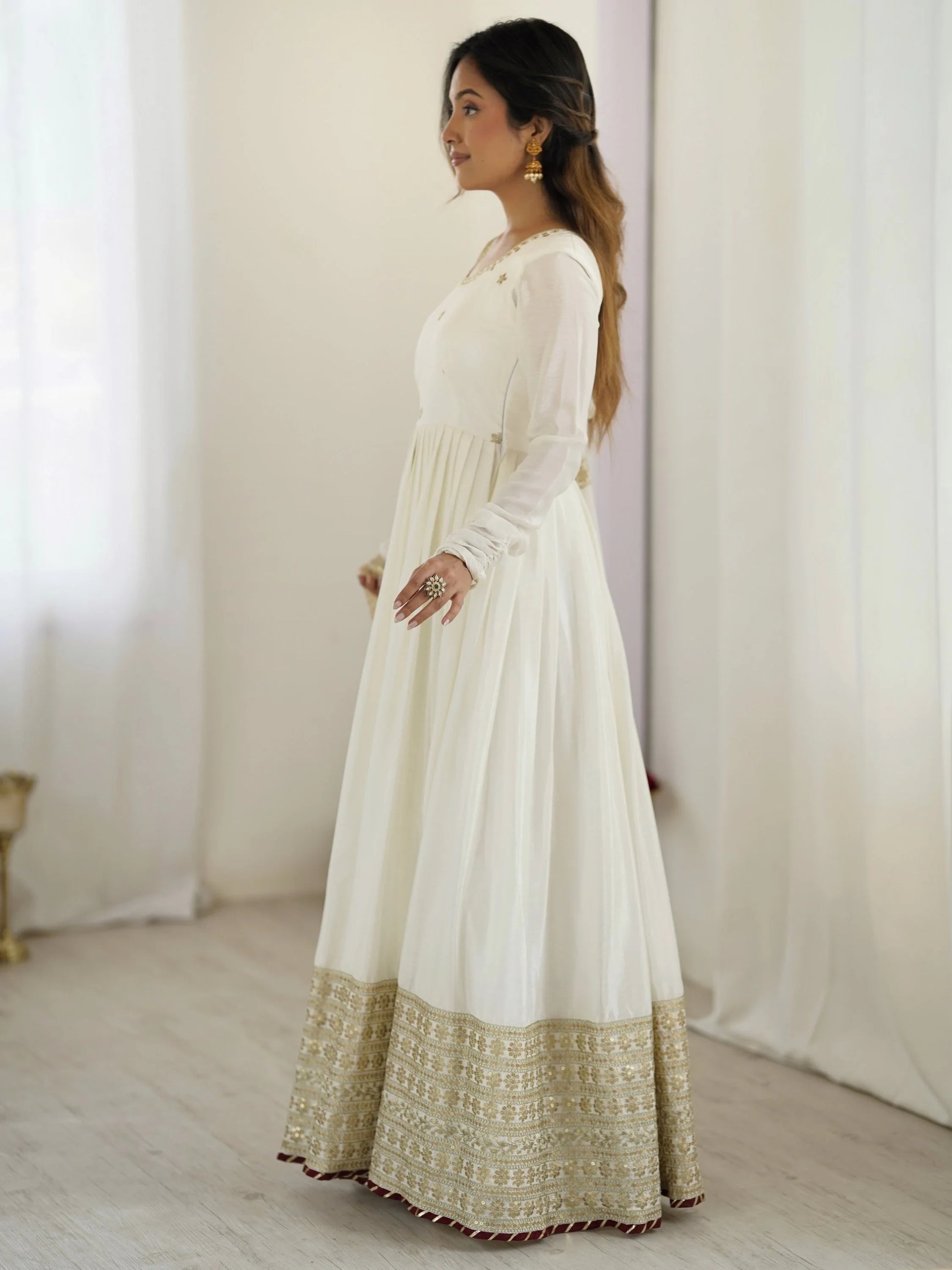 Stunning White Sequins Work Chinon Silk Festive Wear Anarkali Suit - Zeel Clothing