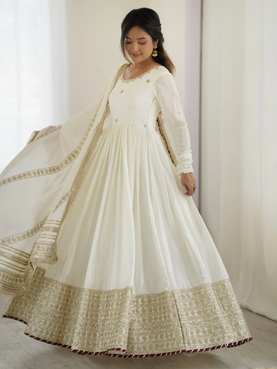 Stunning White Sequins Work Chinon Silk Festive Wear Anarkali Suit - Zeel Clothing