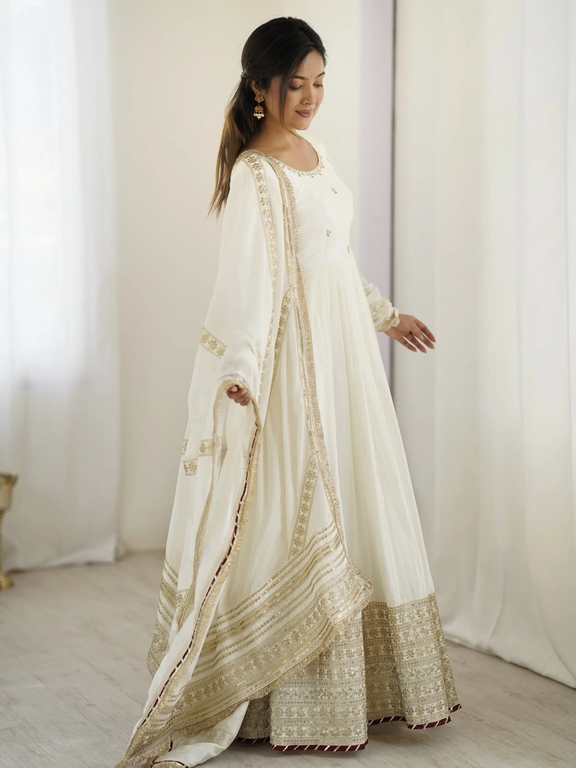 Stunning White Sequins Work Chinon Silk Festive Wear Anarkali Suit - Zeel Clothing