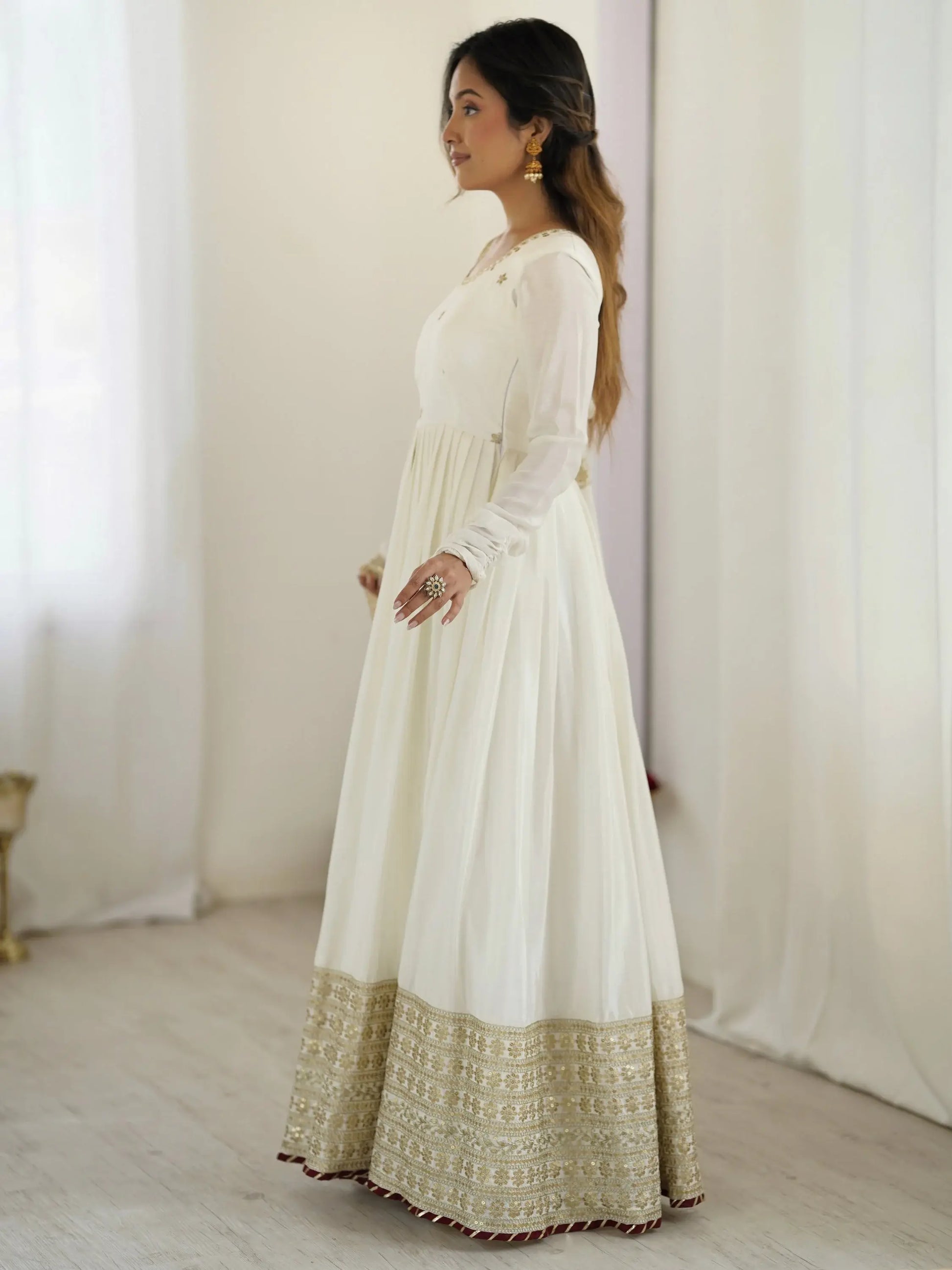Stunning White Sequins Work Chinon Silk Festive Wear Anarkali Suit - Zeel Clothing