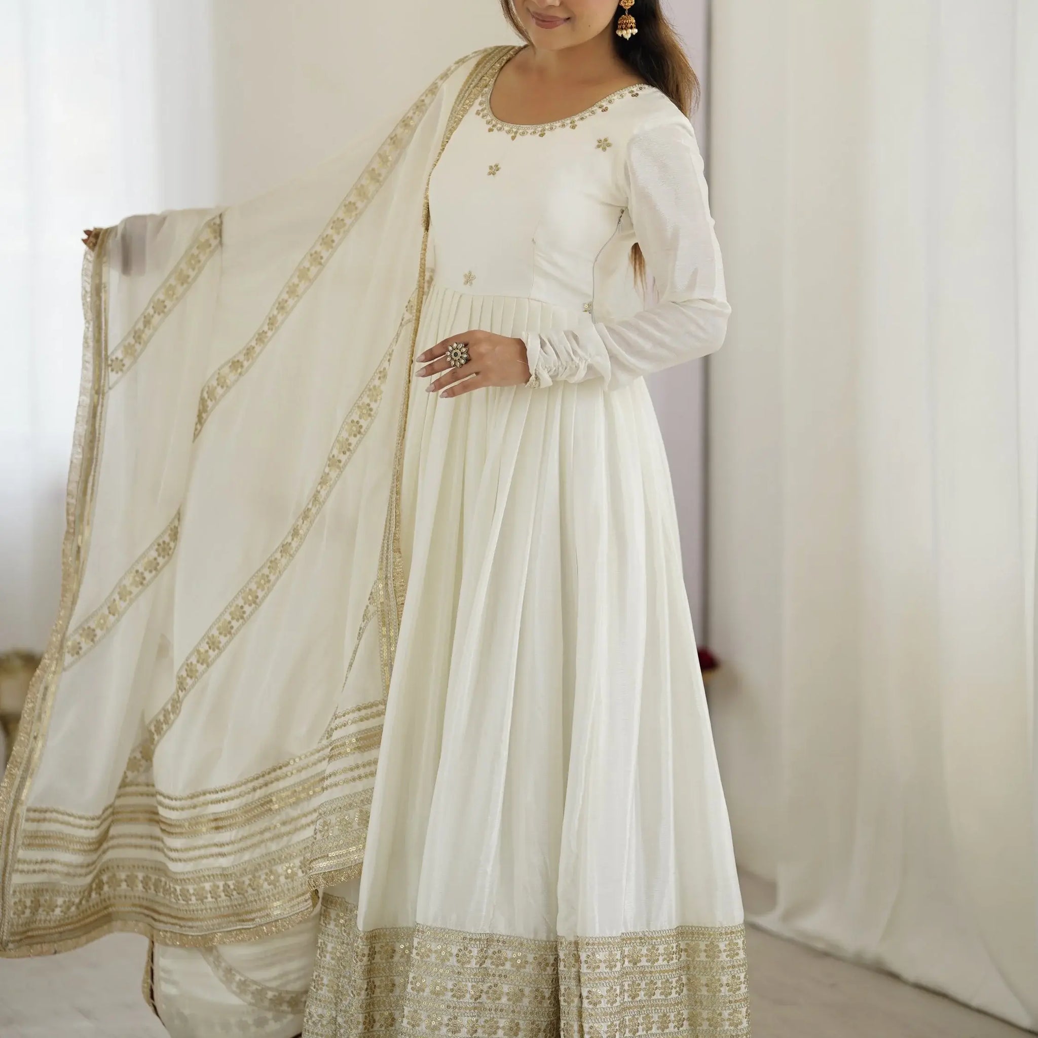 Stunning White Sequins Work Chinon Silk Festive Wear Anarkali Suit - Zeel Clothing