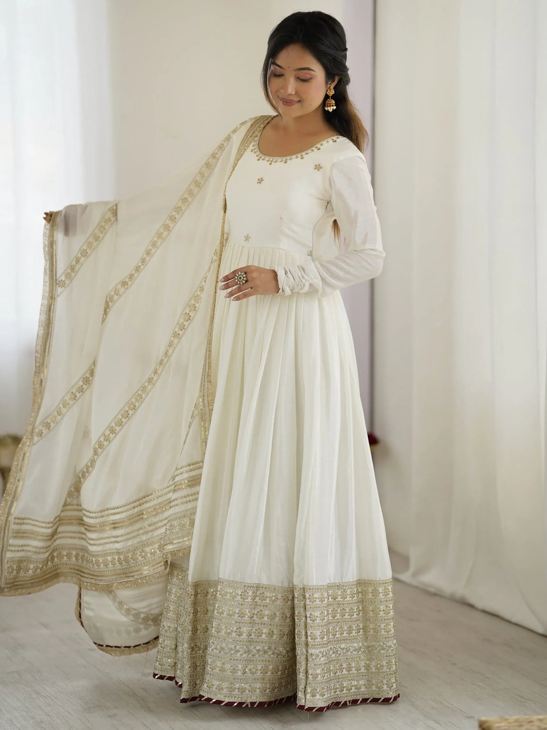 Stunning White Sequins Work Chinon Silk Festive Wear Anarkali Suit - Zeel Clothing