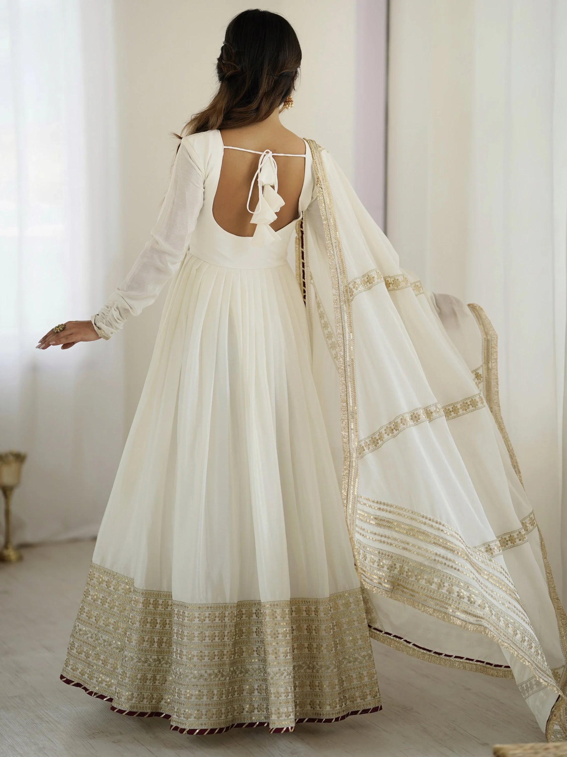 Stunning White Sequins Work Chinon Silk Festive Wear Anarkali Suit - Zeel Clothing