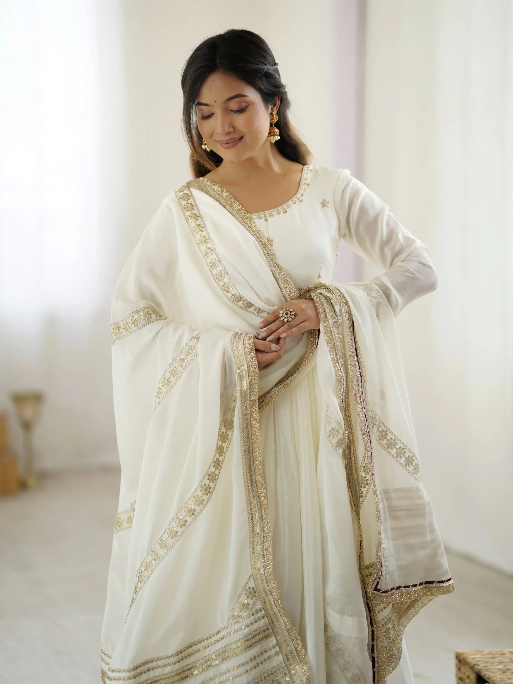Stunning White Sequins Work Chinon Silk Festive Wear Anarkali Suit - Zeel Clothing