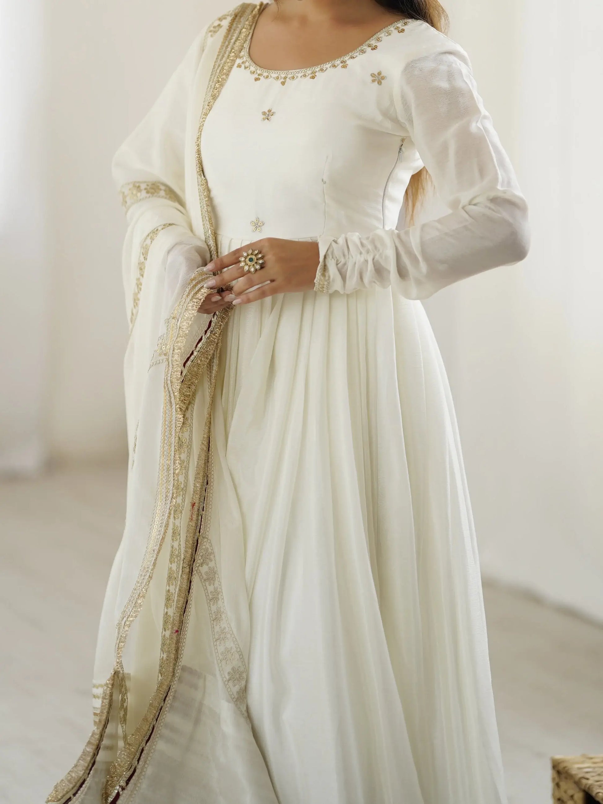 Stunning White Sequins Work Chinon Silk Festive Wear Anarkali Suit - Zeel Clothing
