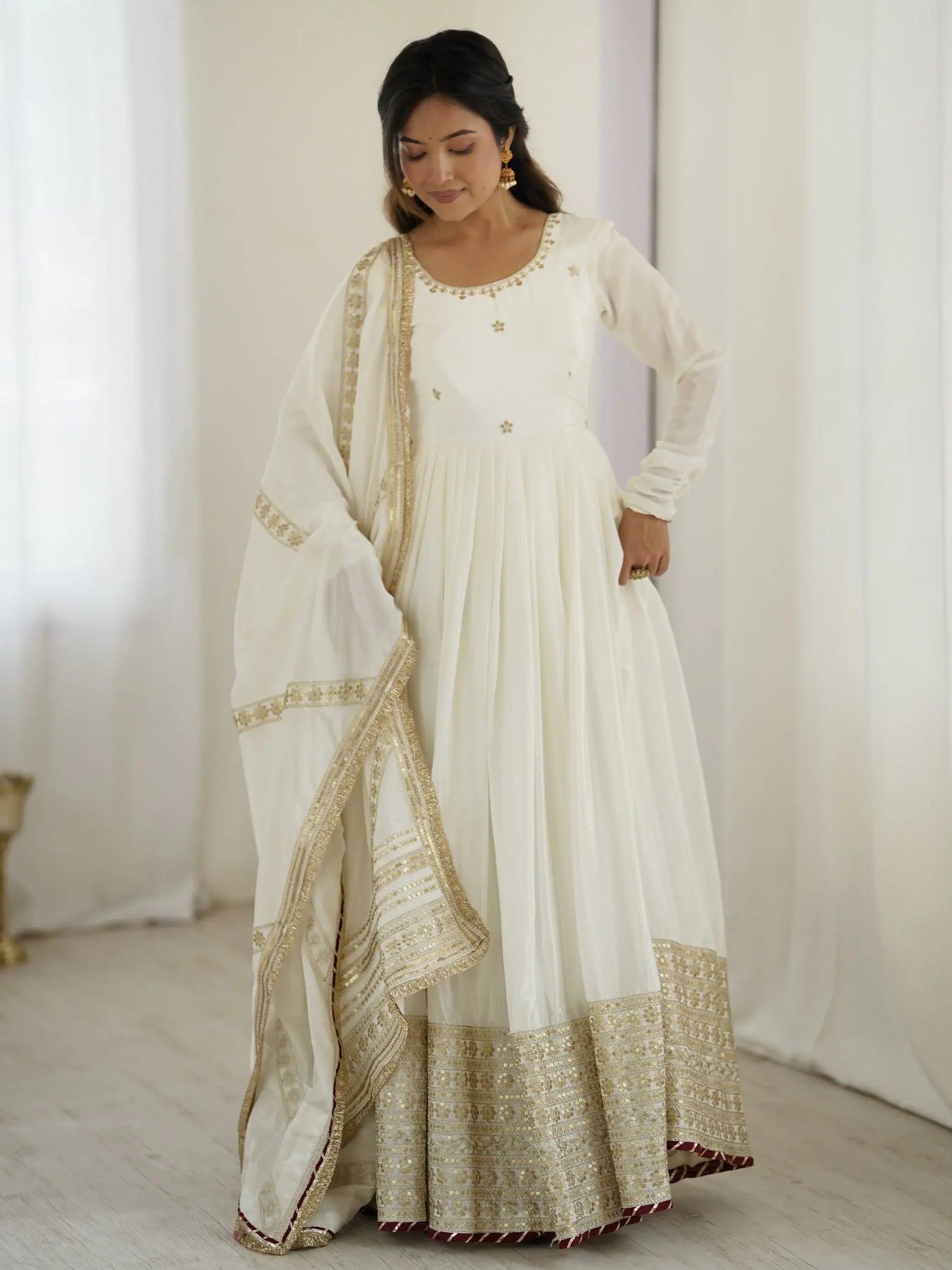 Stunning White Sequins Work Chinon Silk Festive Wear Anarkali Suit - Zeel Clothing