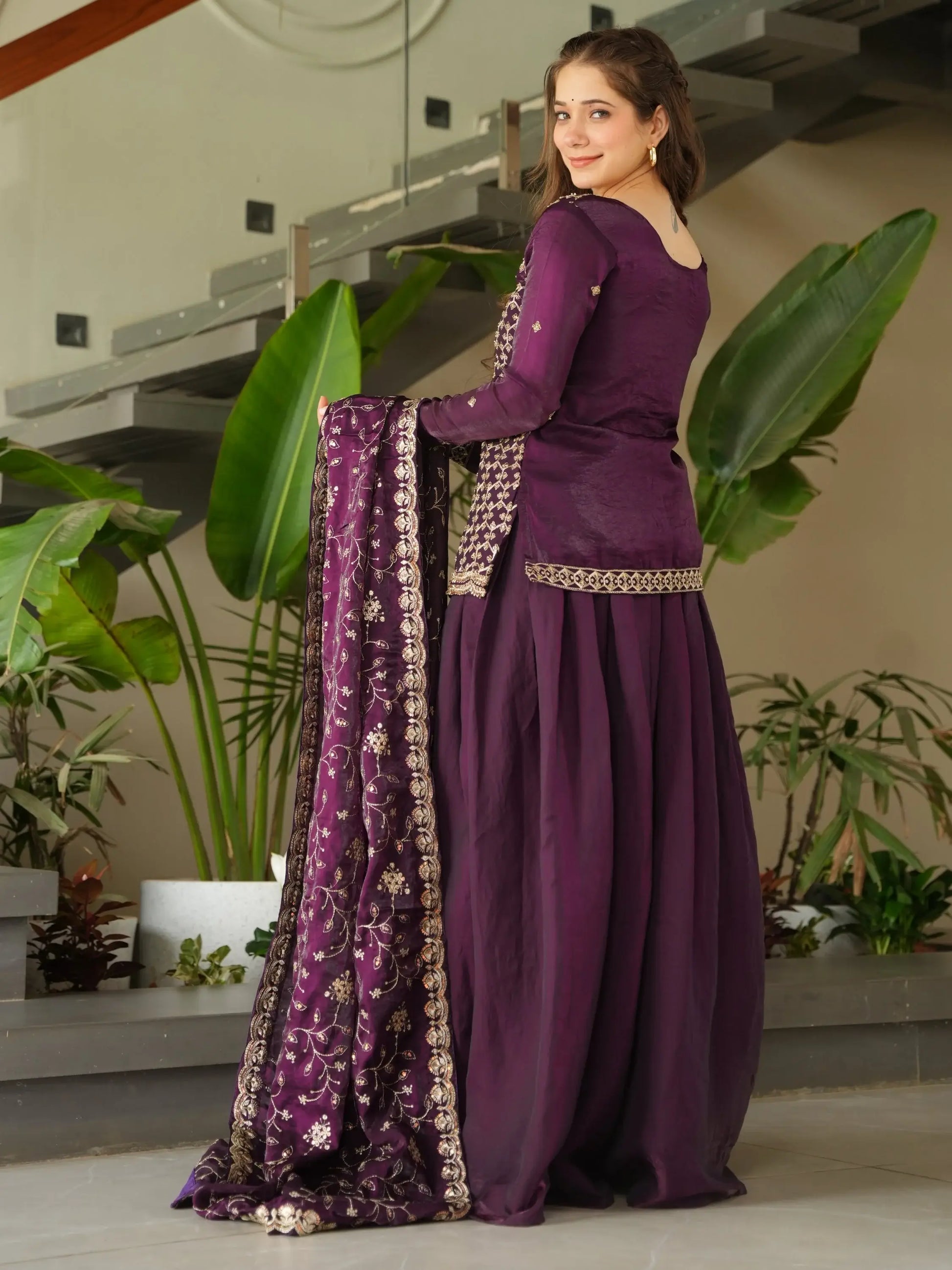 Stunning Wine Bead Embroidery Silk Party Wear Sharara Suit - Zeel Clothing