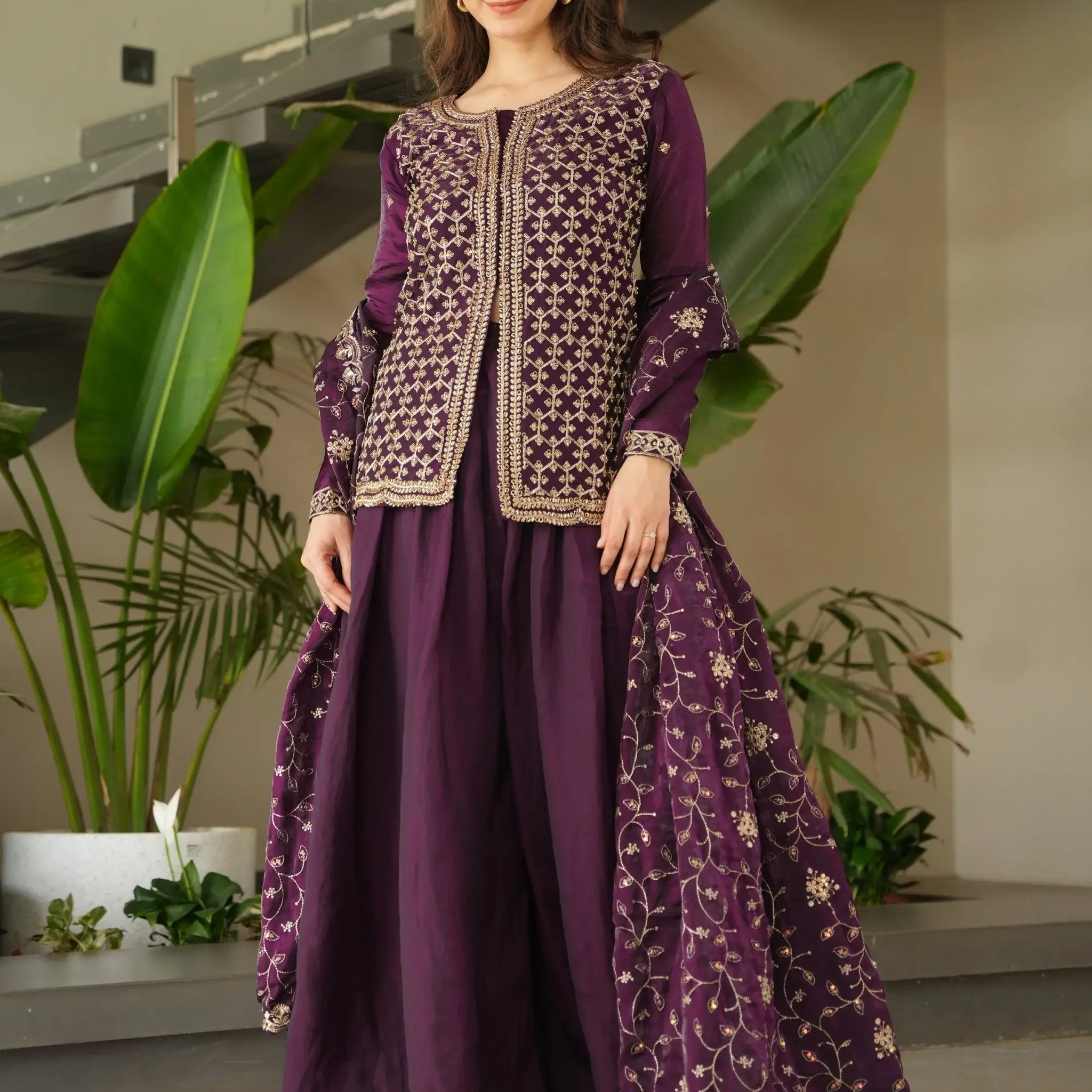 Stunning Wine Bead Embroidery Silk Party Wear Sharara Suit - Zeel Clothing