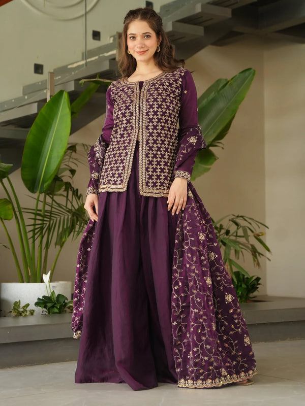 Stunning Wine Bead Embroidery Silk Party Wear Sharara Suit - Zeel Clothing