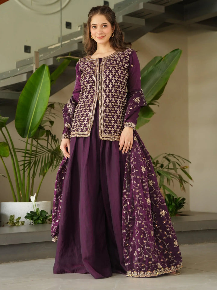 Stunning Wine Bead Embroidery Silk Party Wear Sharara Suit - Zeel Clothing