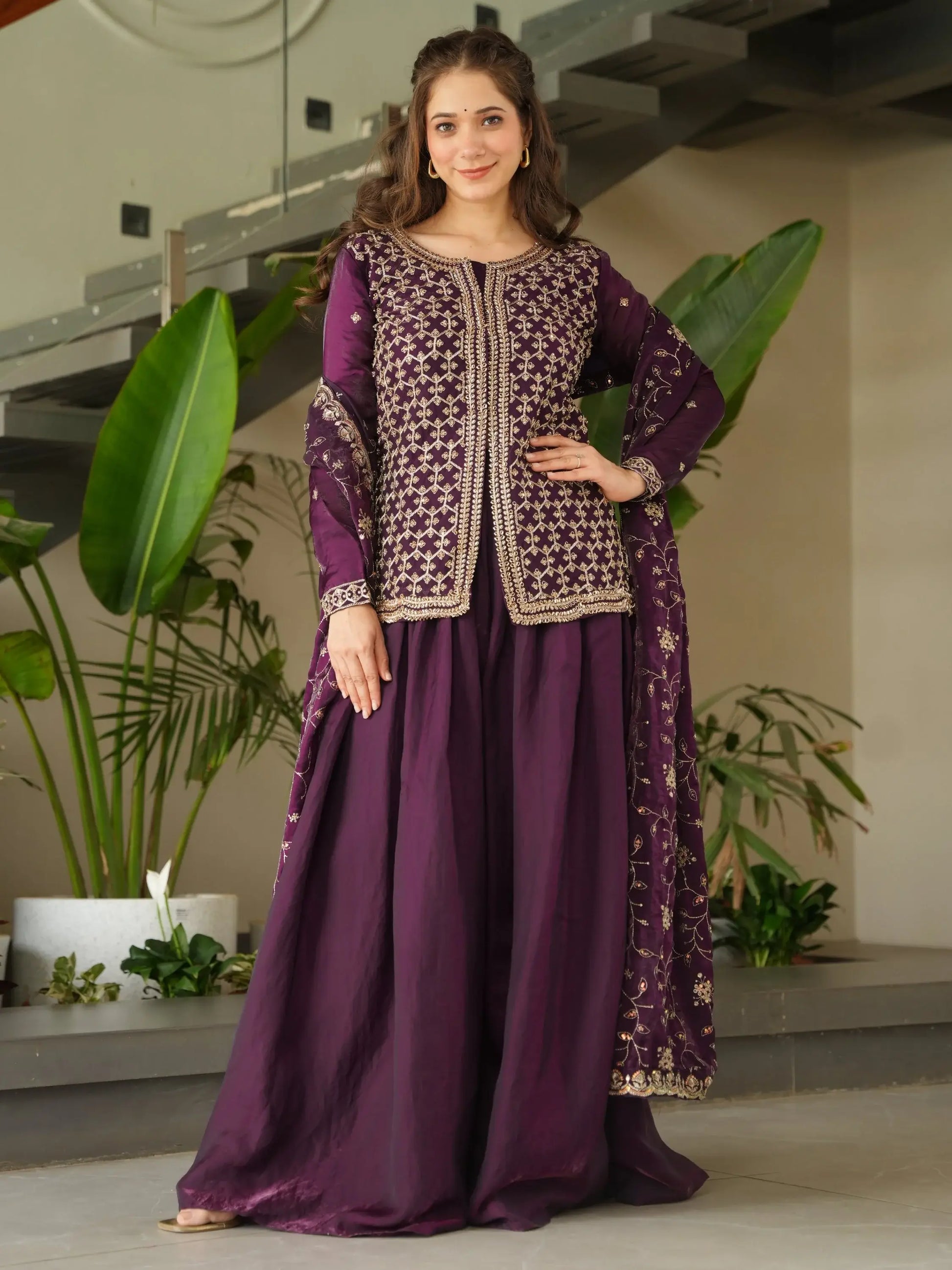 Stunning Wine Bead Embroidery Silk Party Wear Sharara Suit - Zeel Clothing