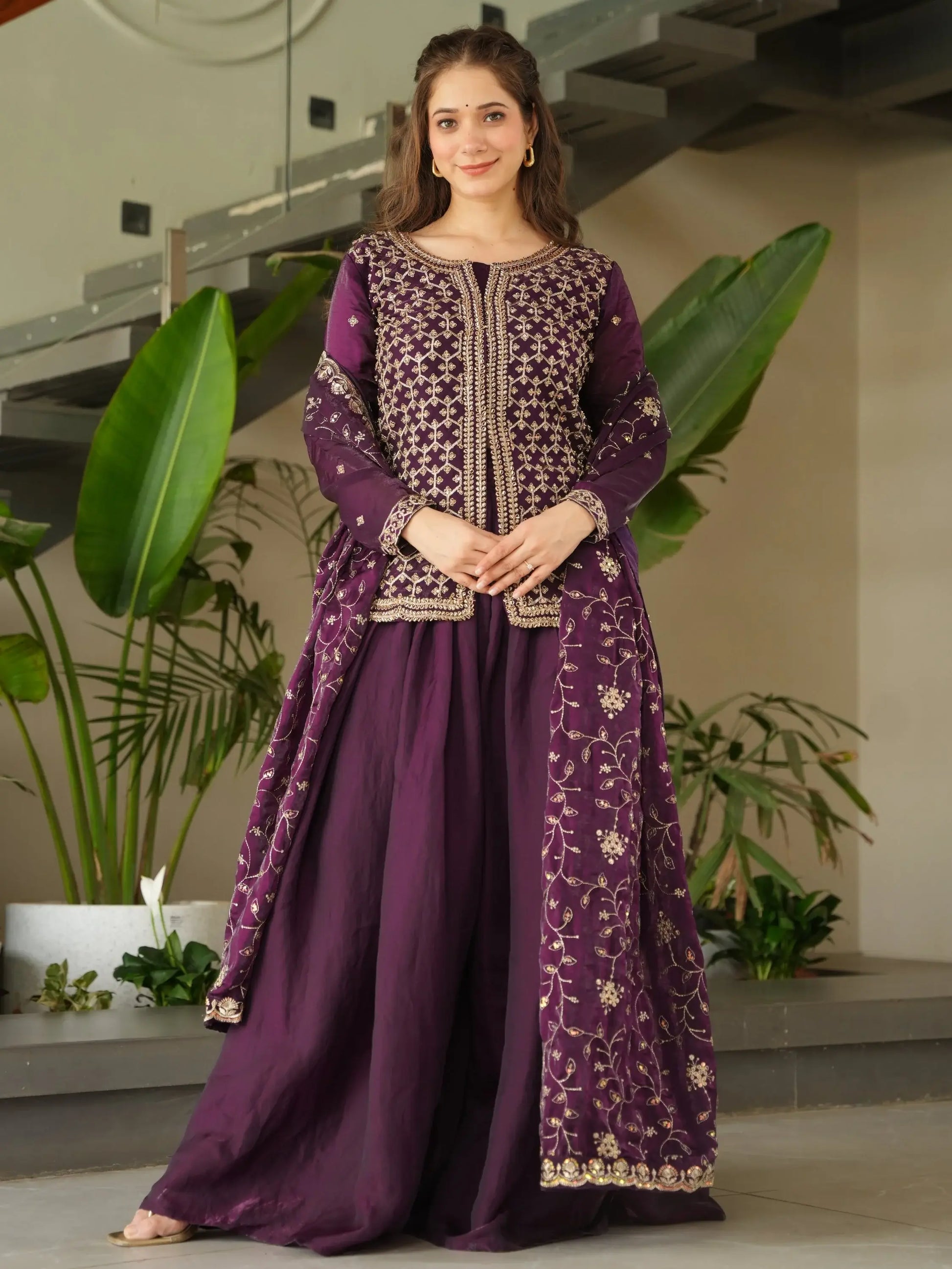 Stunning Wine Bead Embroidery Silk Party Wear Sharara Suit - Zeel Clothing