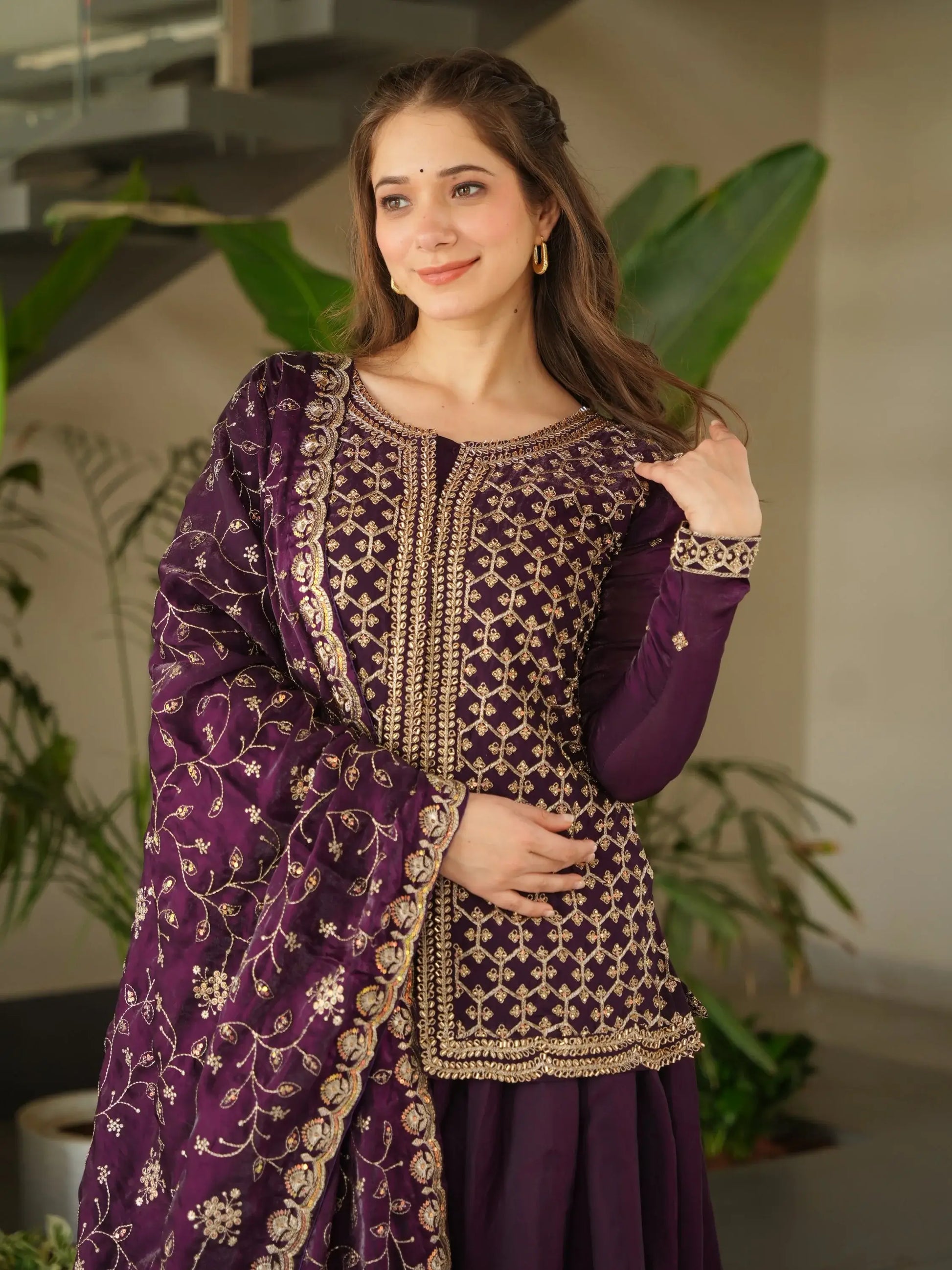 Stunning Wine Bead Embroidery Silk Party Wear Sharara Suit - Zeel Clothing